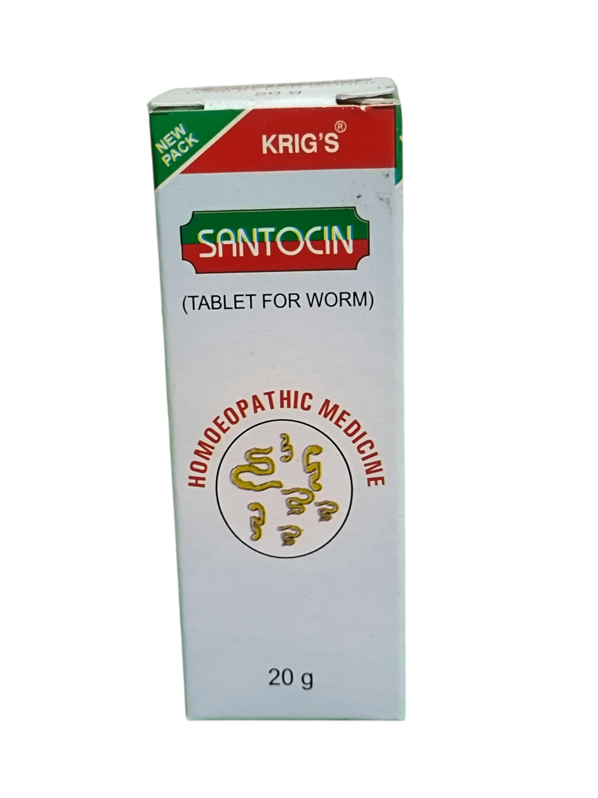 Krig's Santocin tablet for worm medicine packaging on a white background