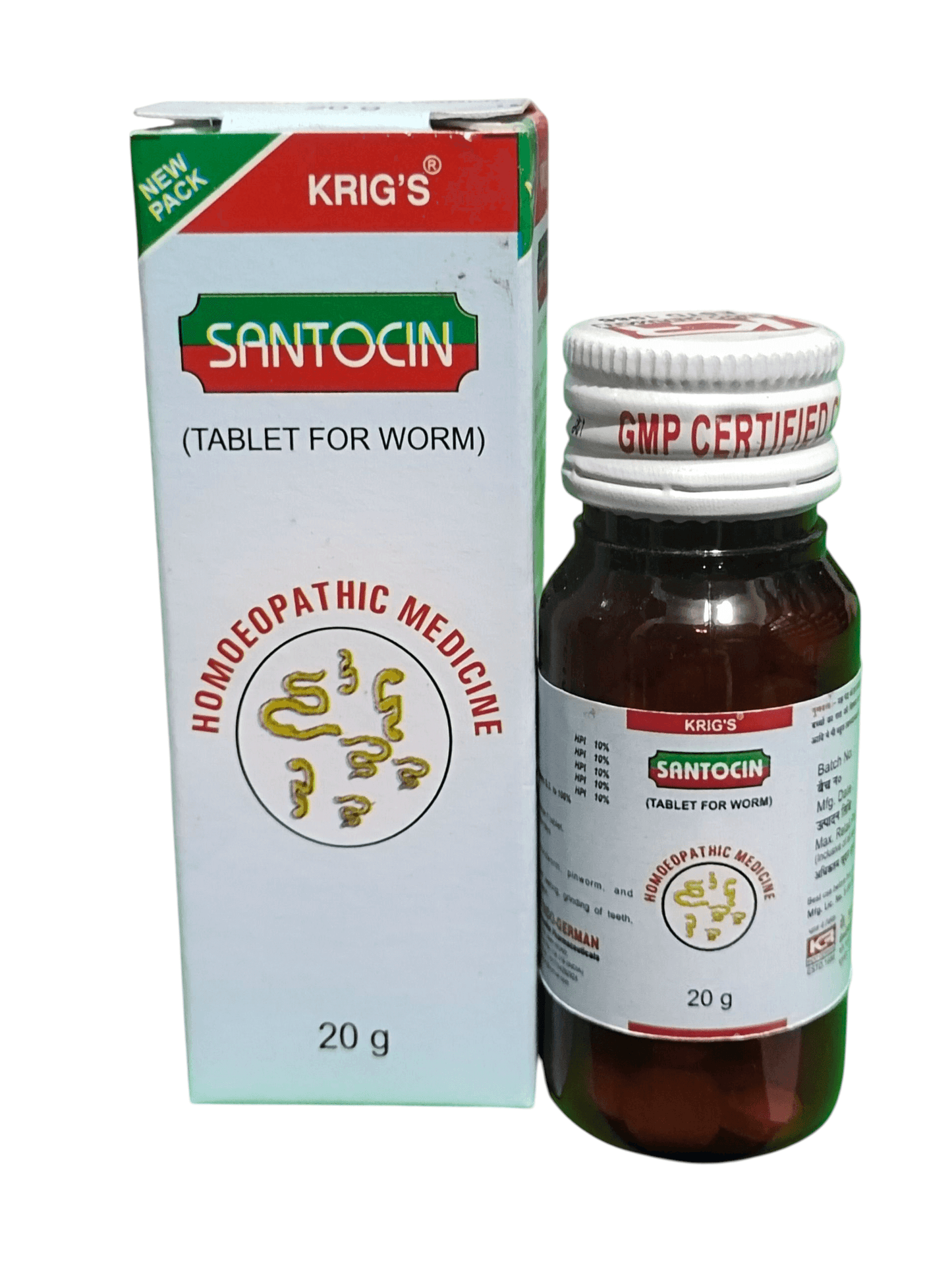 Kriig's Santocin homoeopathic medicine bottle and packaging on a white background