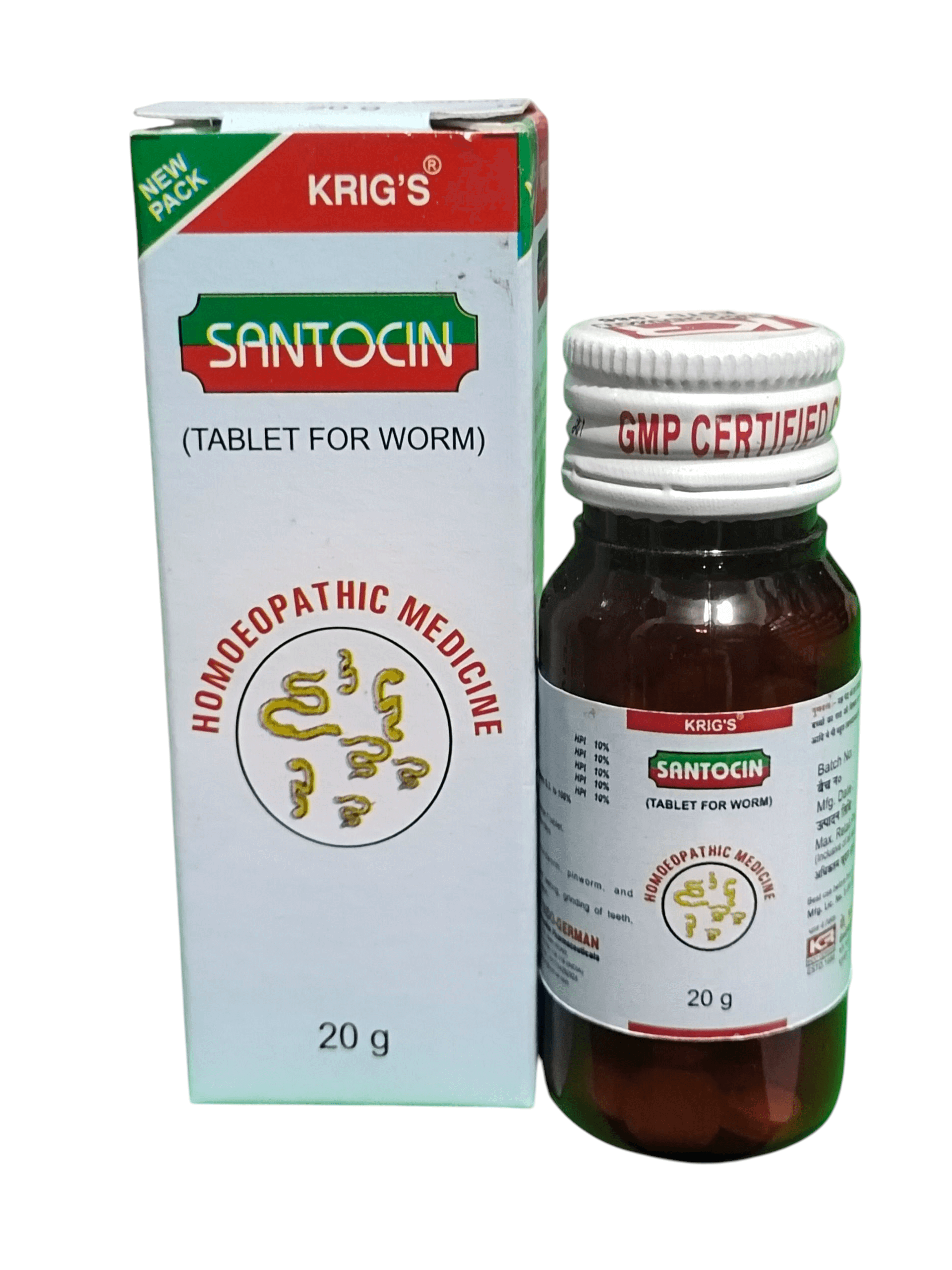 Kriig's Santocin homoeopathic medicine bottle and packaging on a white background