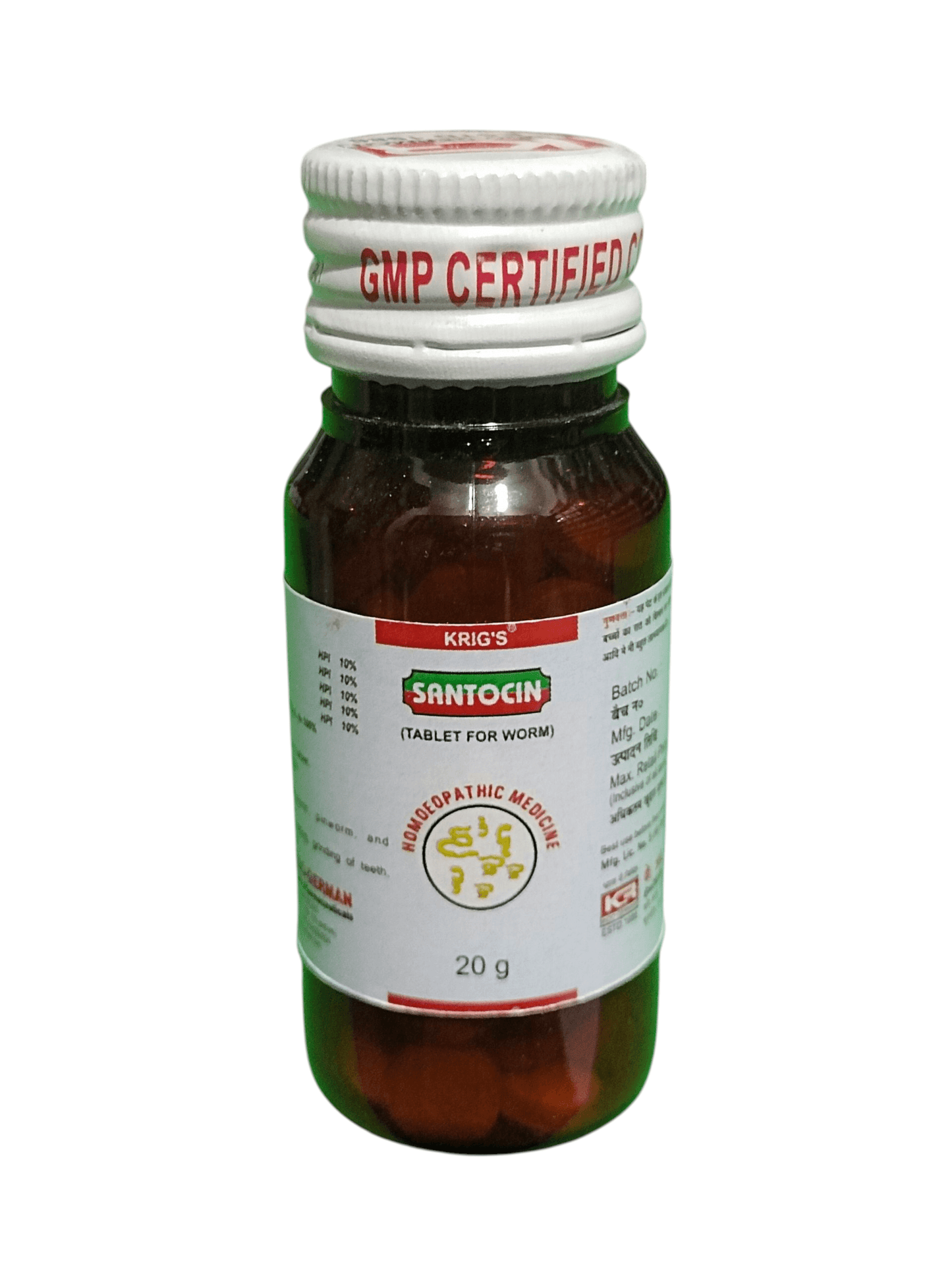 Bottle of Santocin with a white cap on a white background