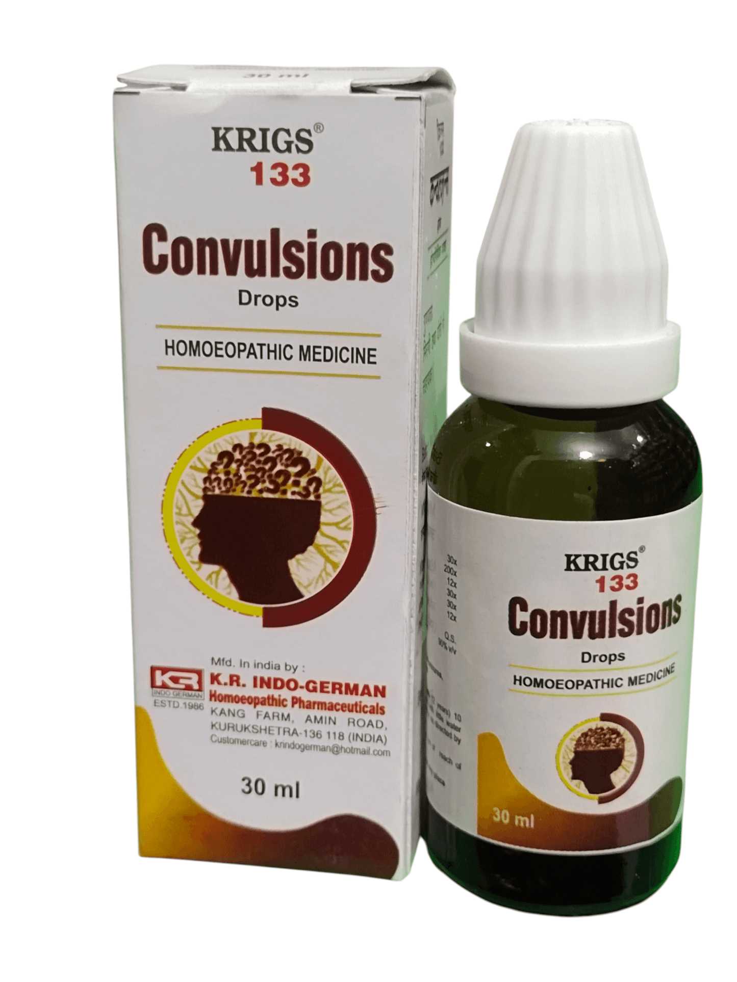 Krigs 133 Convulsions Drops packaging and bottle on a white background