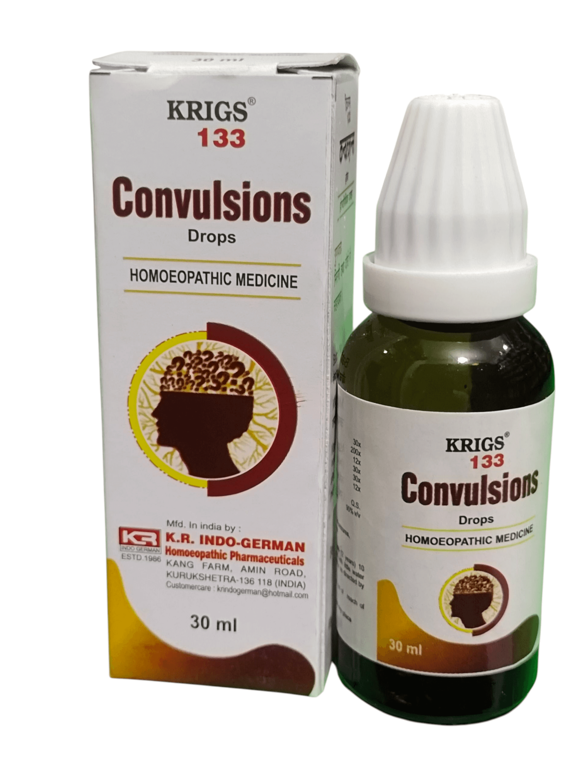 Krigs 133 Convulsions Drops packaging and bottle on a white background