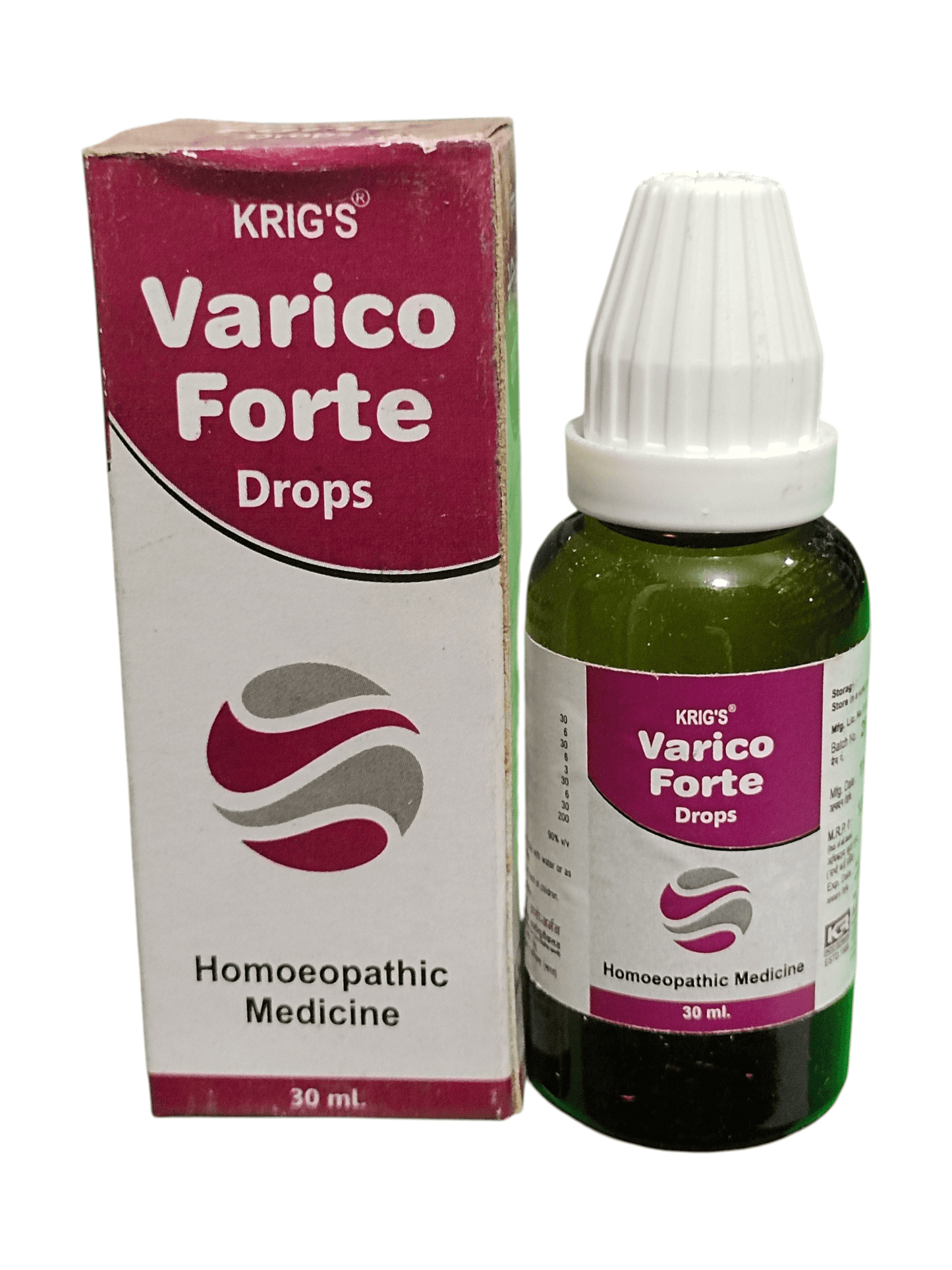 Krig's Varico Forte Drops packaging and bottle on a white background