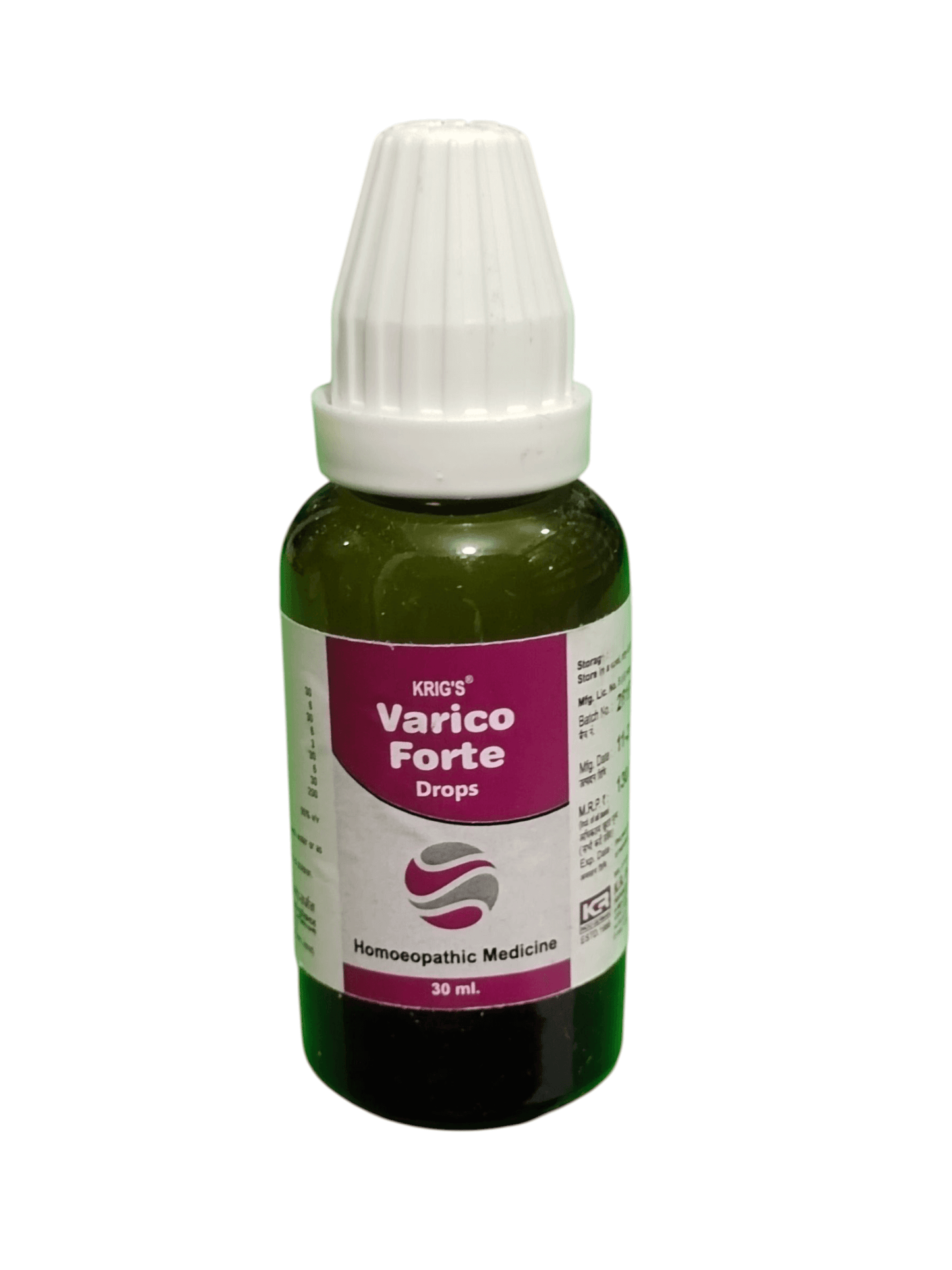 Bottle of Varico Forte Drops on a white background