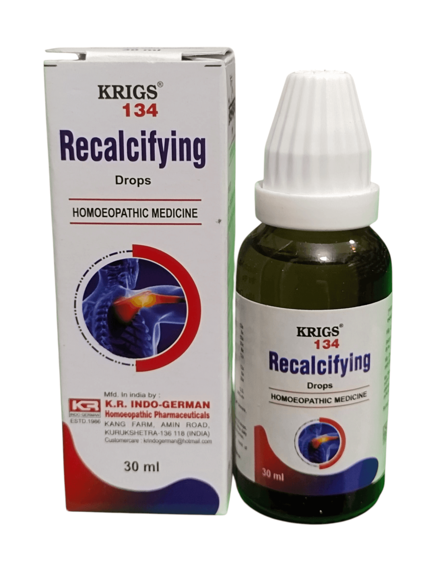 Krigs 134 Recalcifying Drops packaging and bottle on a white background