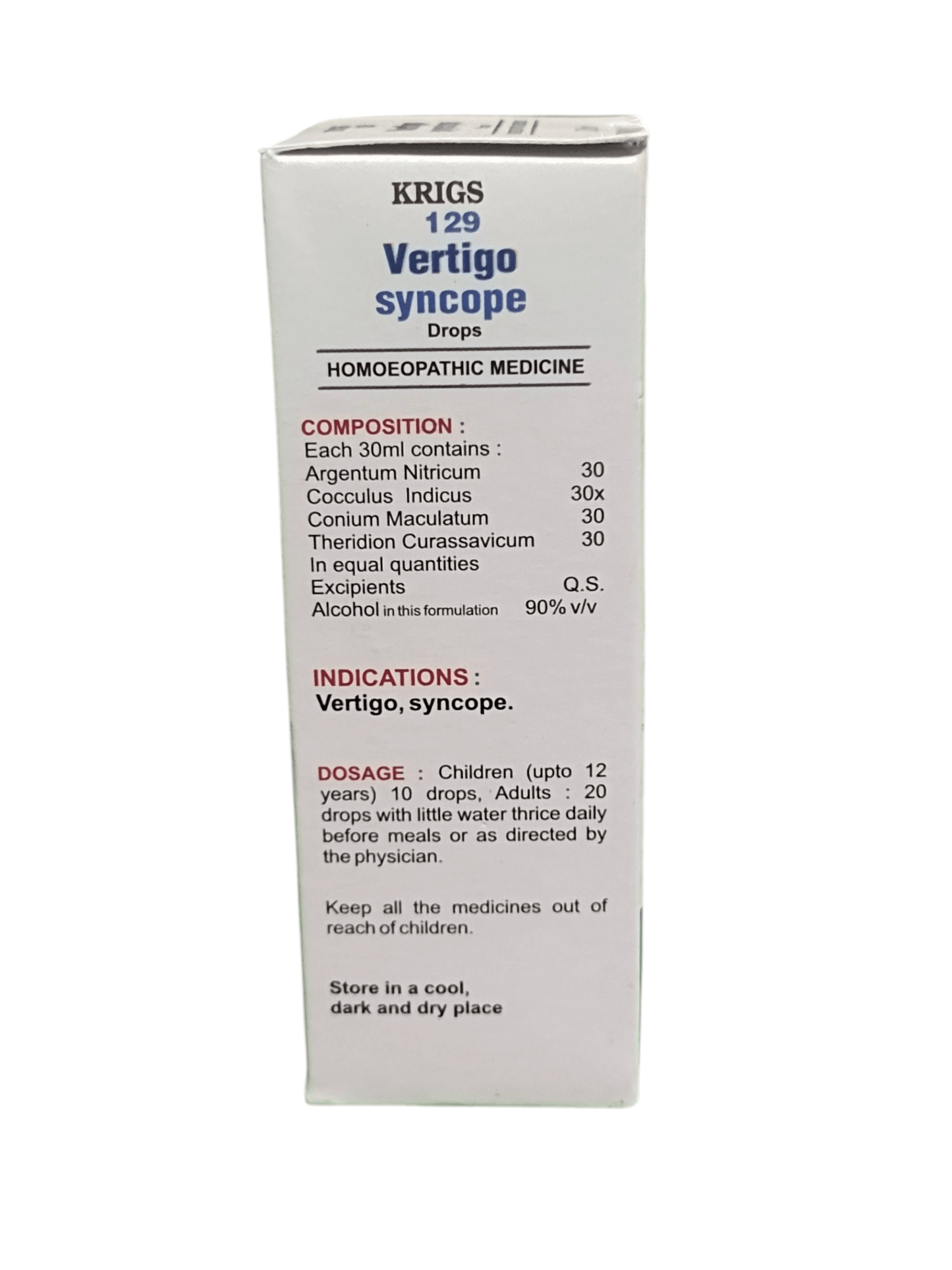 Box of Krigs 129 Vertigo syncope drops on a white background
