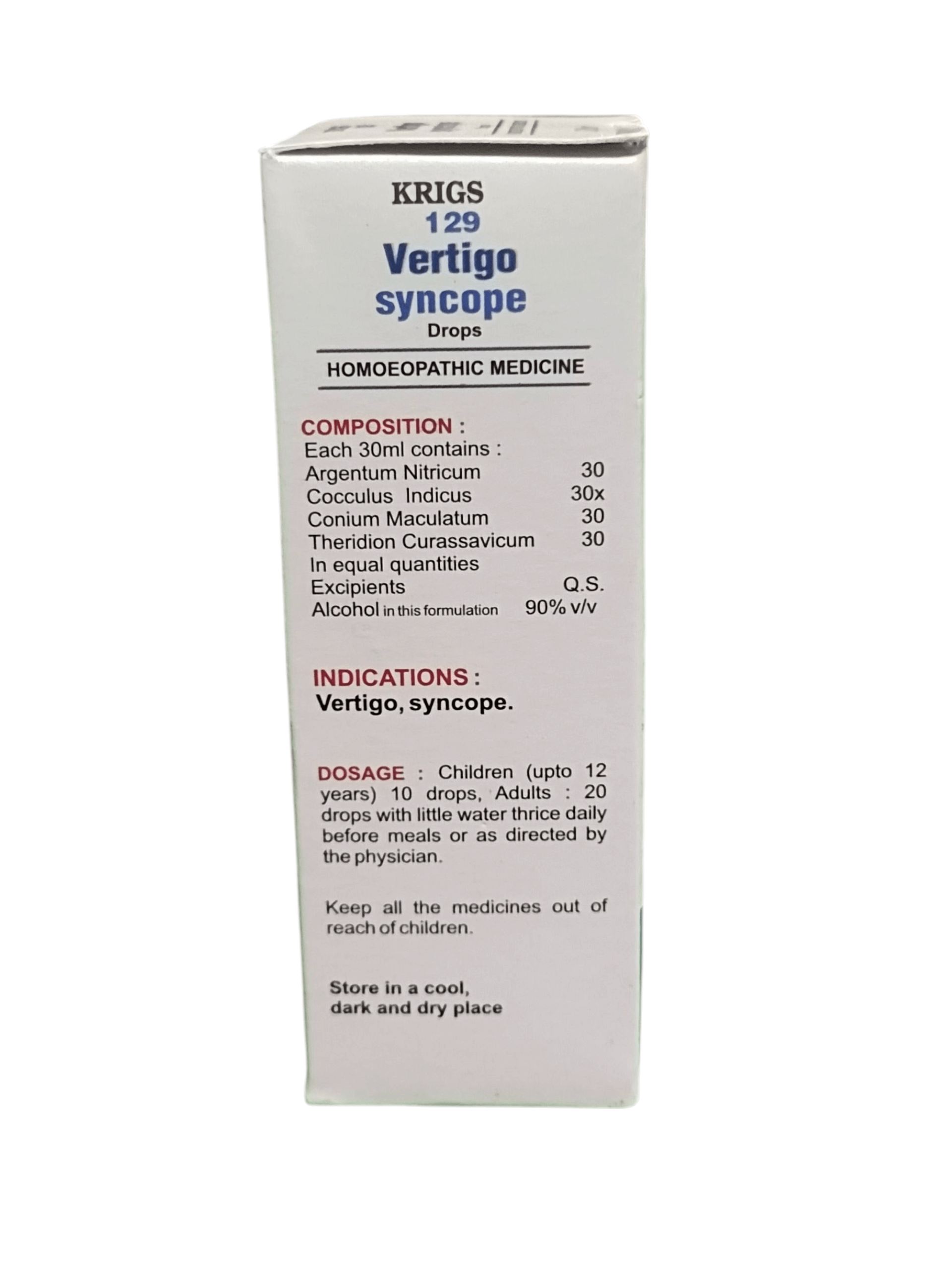 Box of Krigs 129 Vertigo syncope drops on a white background