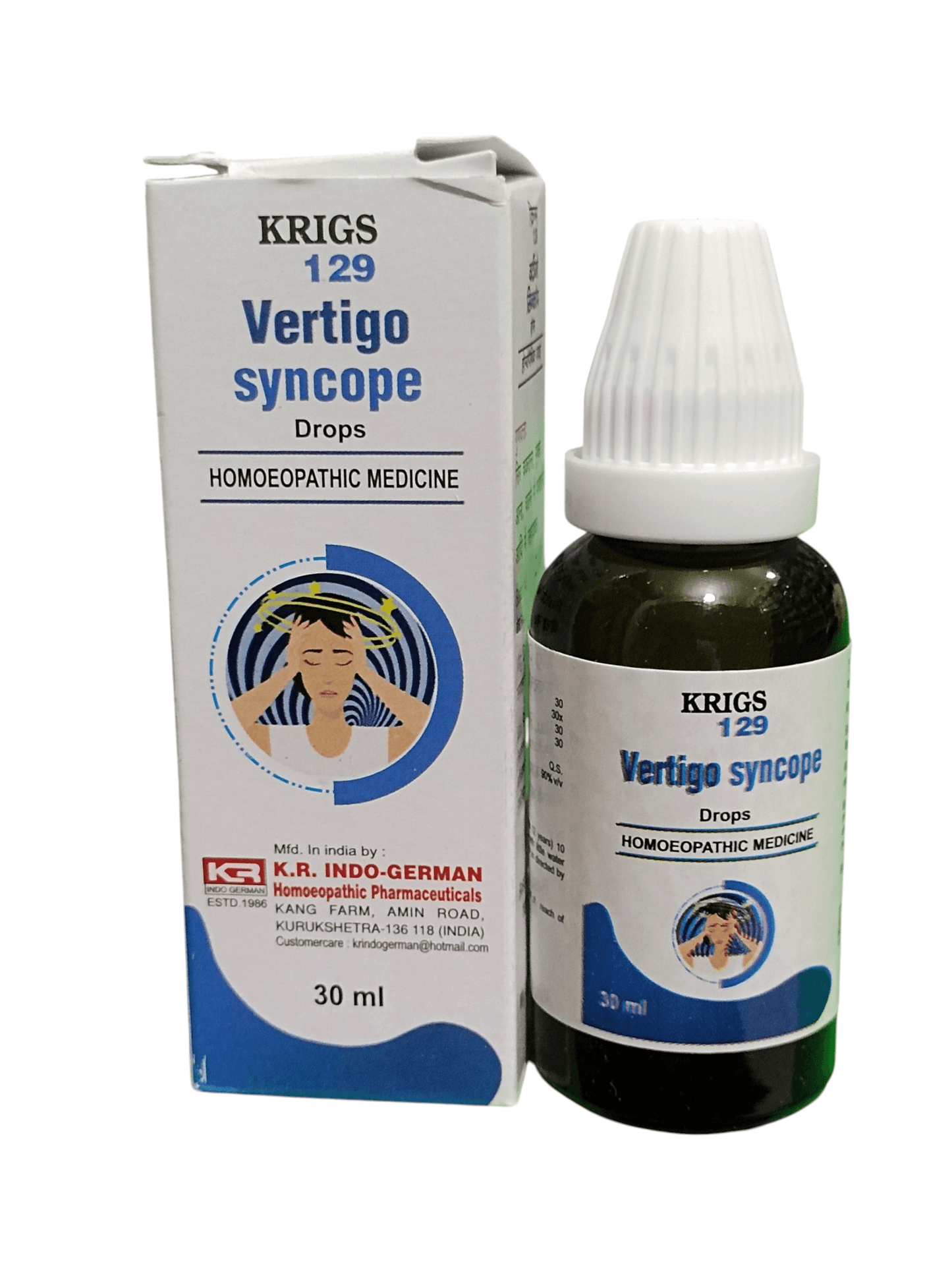 Krigs 129 Vertigo Syncope Drops packaging and bottle on a white background