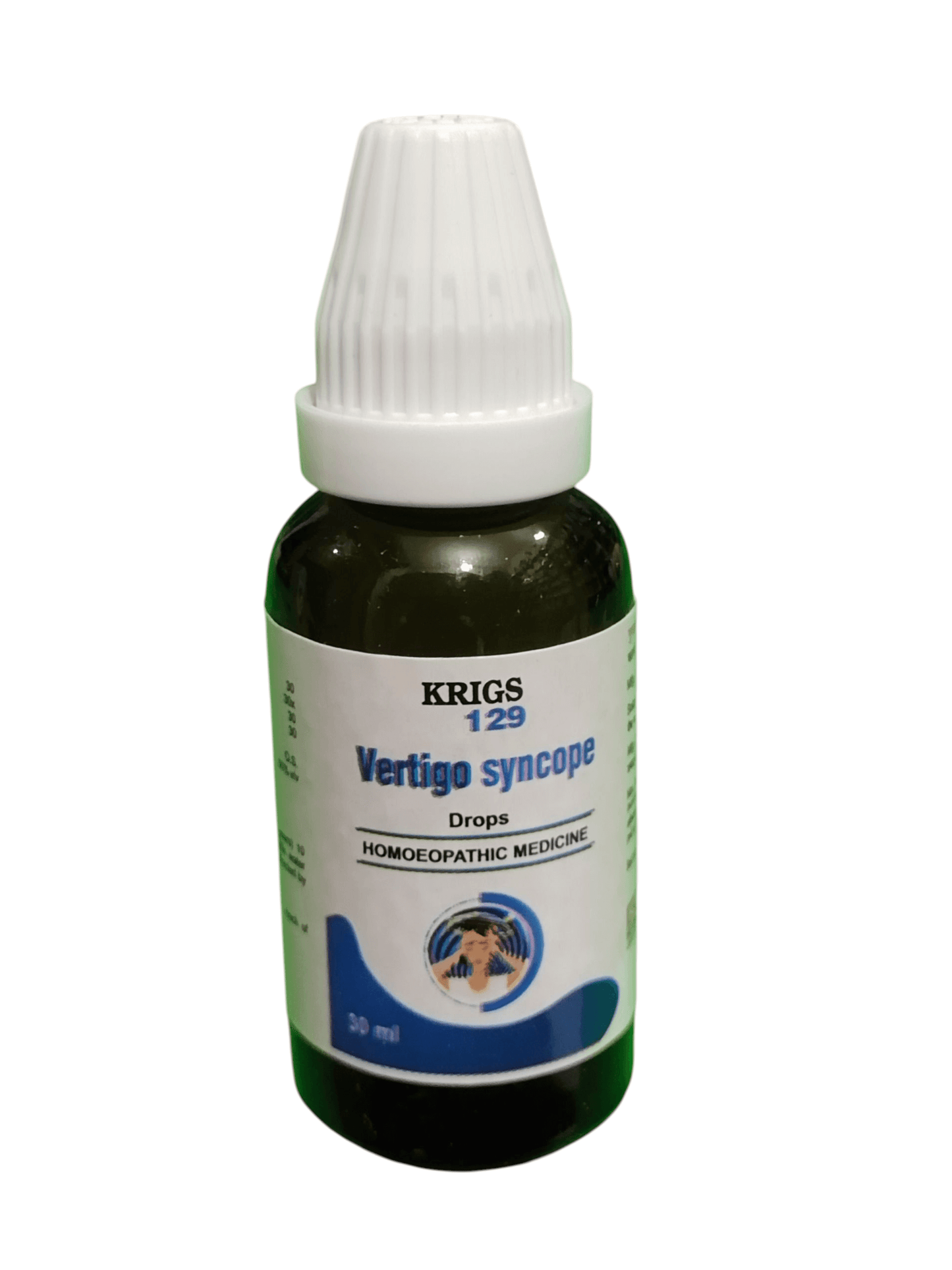 Bottle of Krigs 129 Vertigo Syncope Drops on a white background