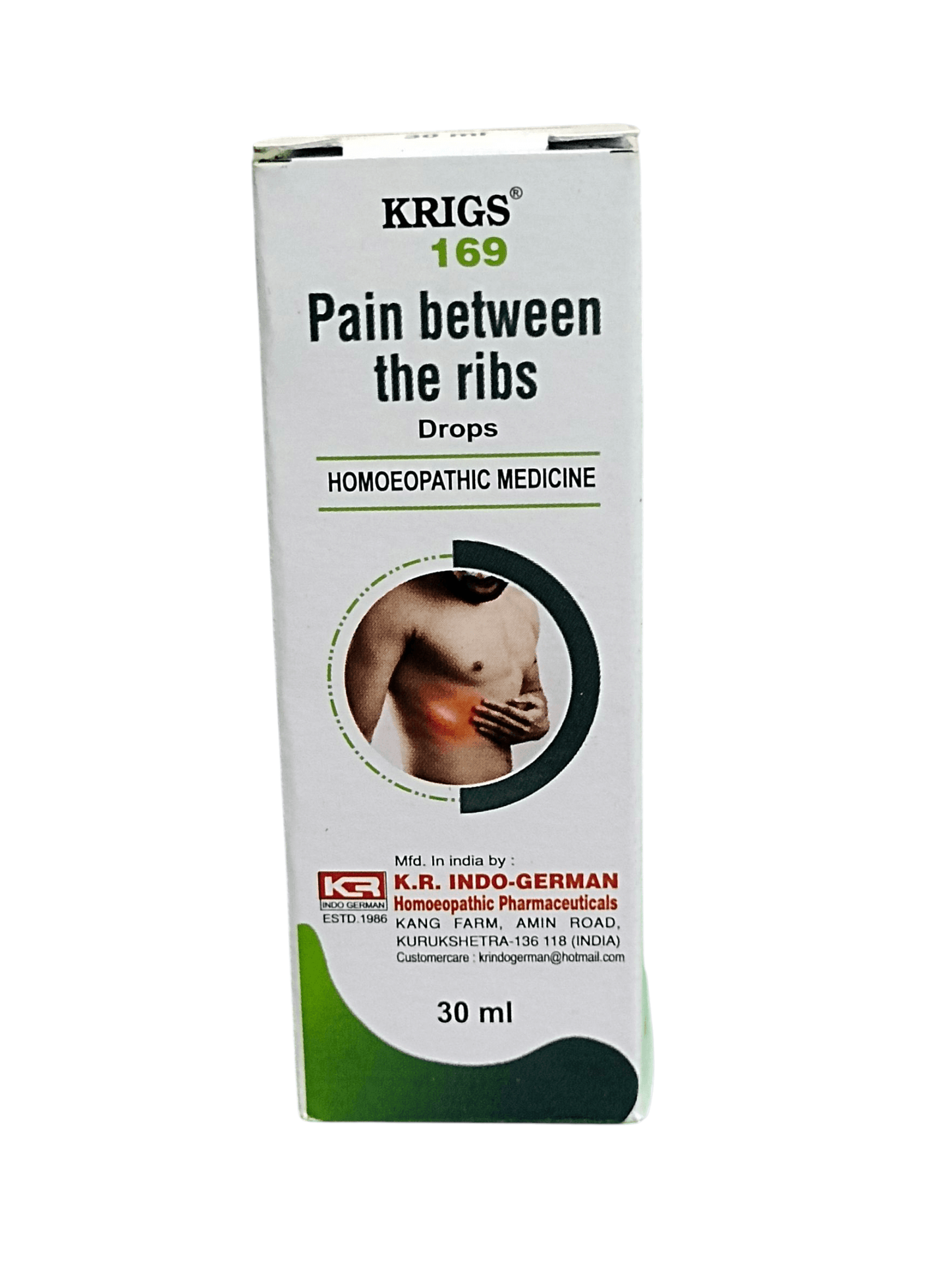 Krigs 169 homeopathic medicine box for pain between the ribs on a white background