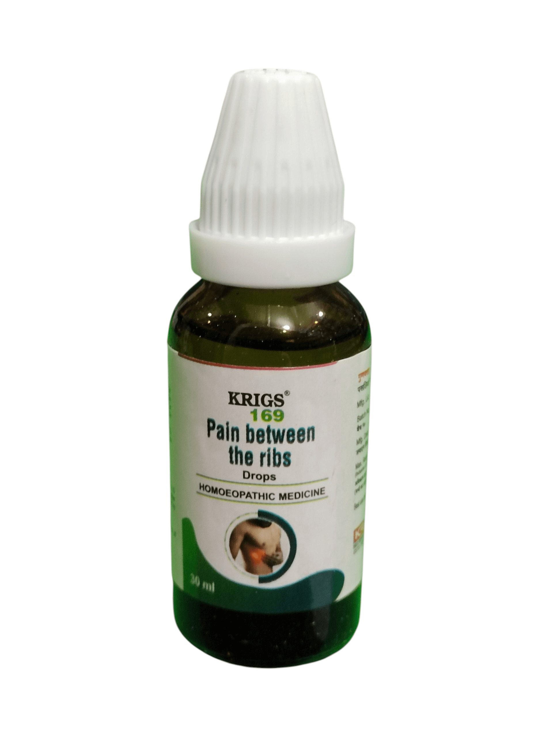 Bottle of Krigs 169 Pain between the ribs drops on a white background