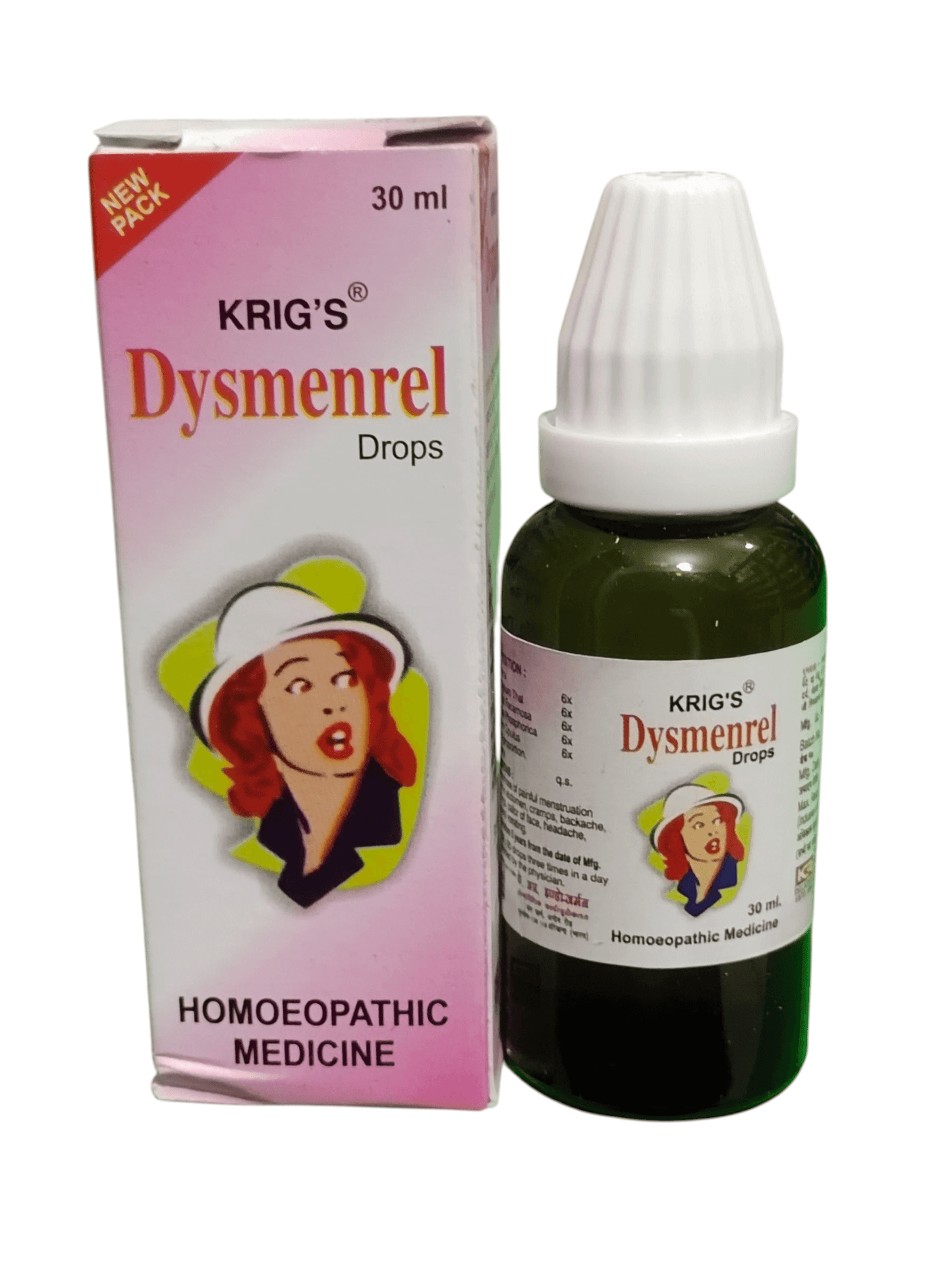 Krig's Dysmenrel Drops packaging and bottle on a white background
