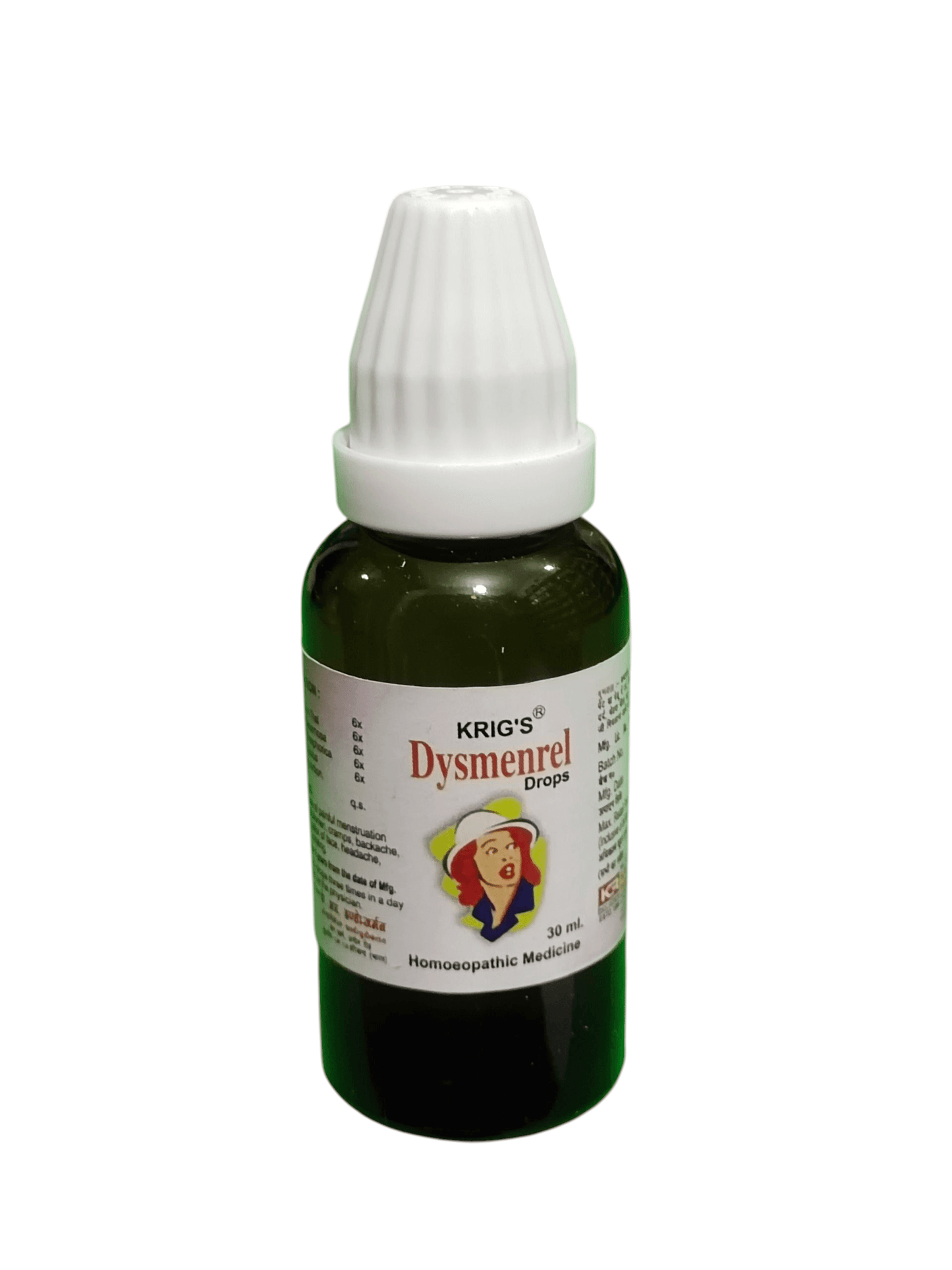 Bottle of Kriog's Dysmenorrel Drops on a white background