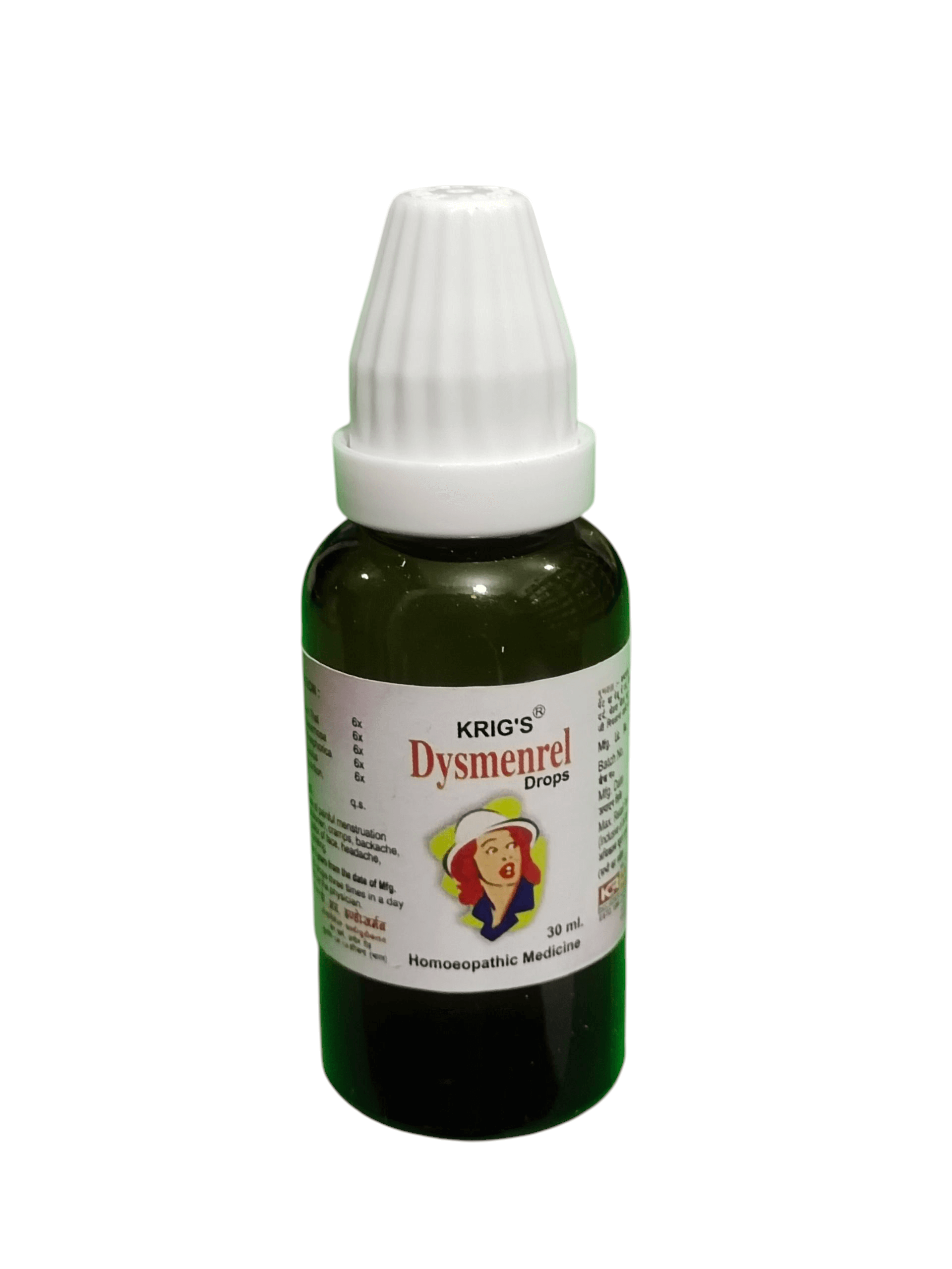 Bottle of Kriog's Dysmenorrel Drops on a white background