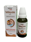 Krigs 135 Teething Aches Drops packaging and bottle on a white background