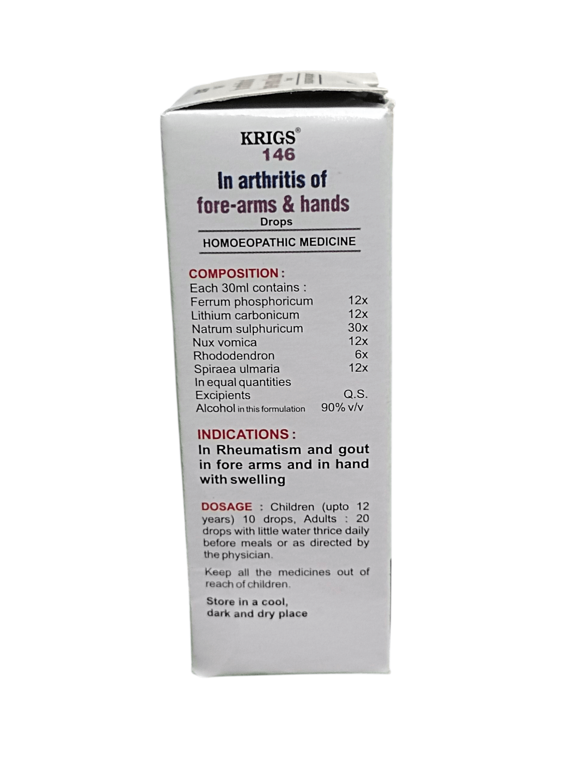 Krigs 146 homeopathic medicine box for arthritis in forearms and hands on a white background