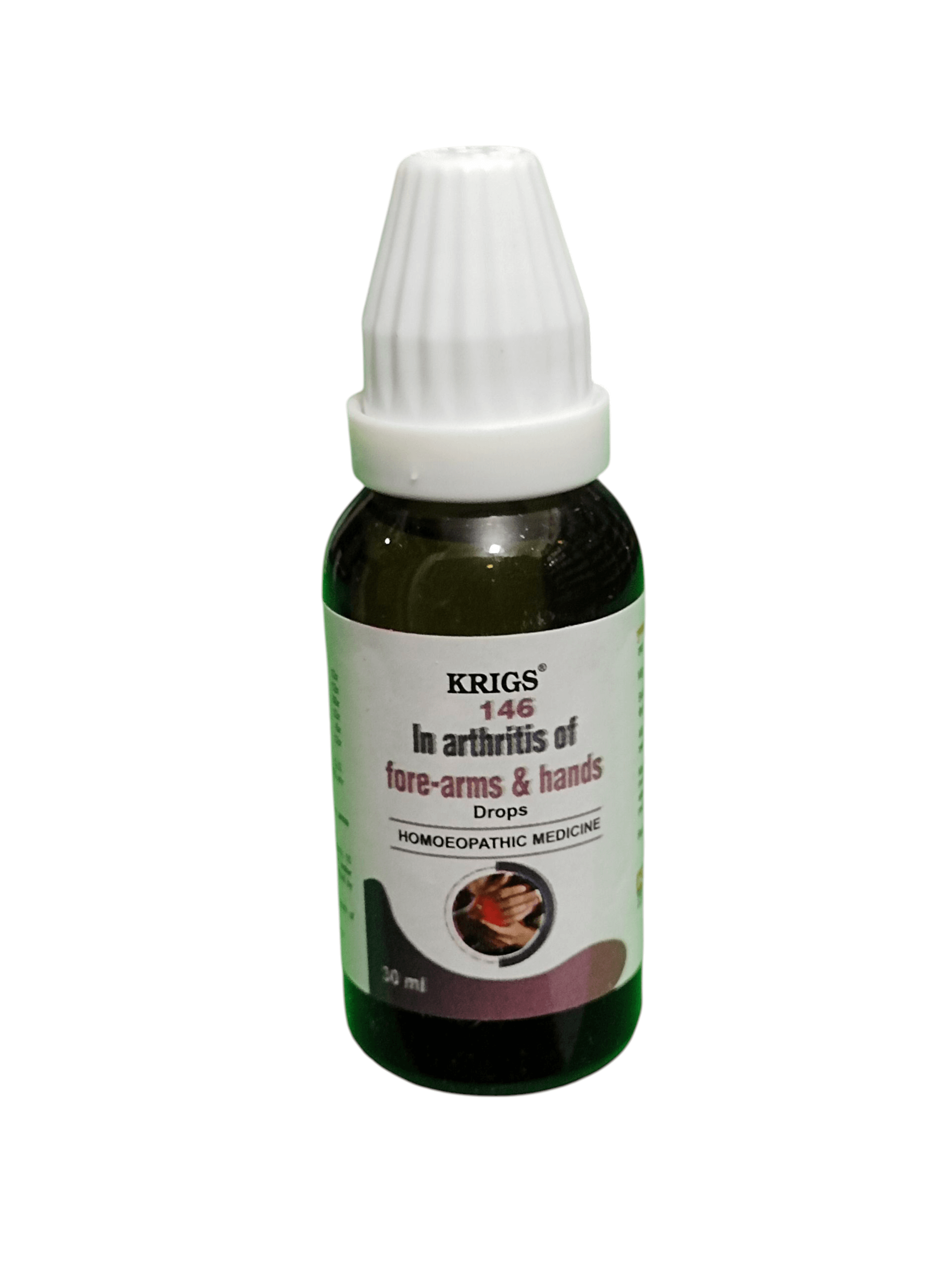 Bottle of Krigs 146 for arthritis on a white background