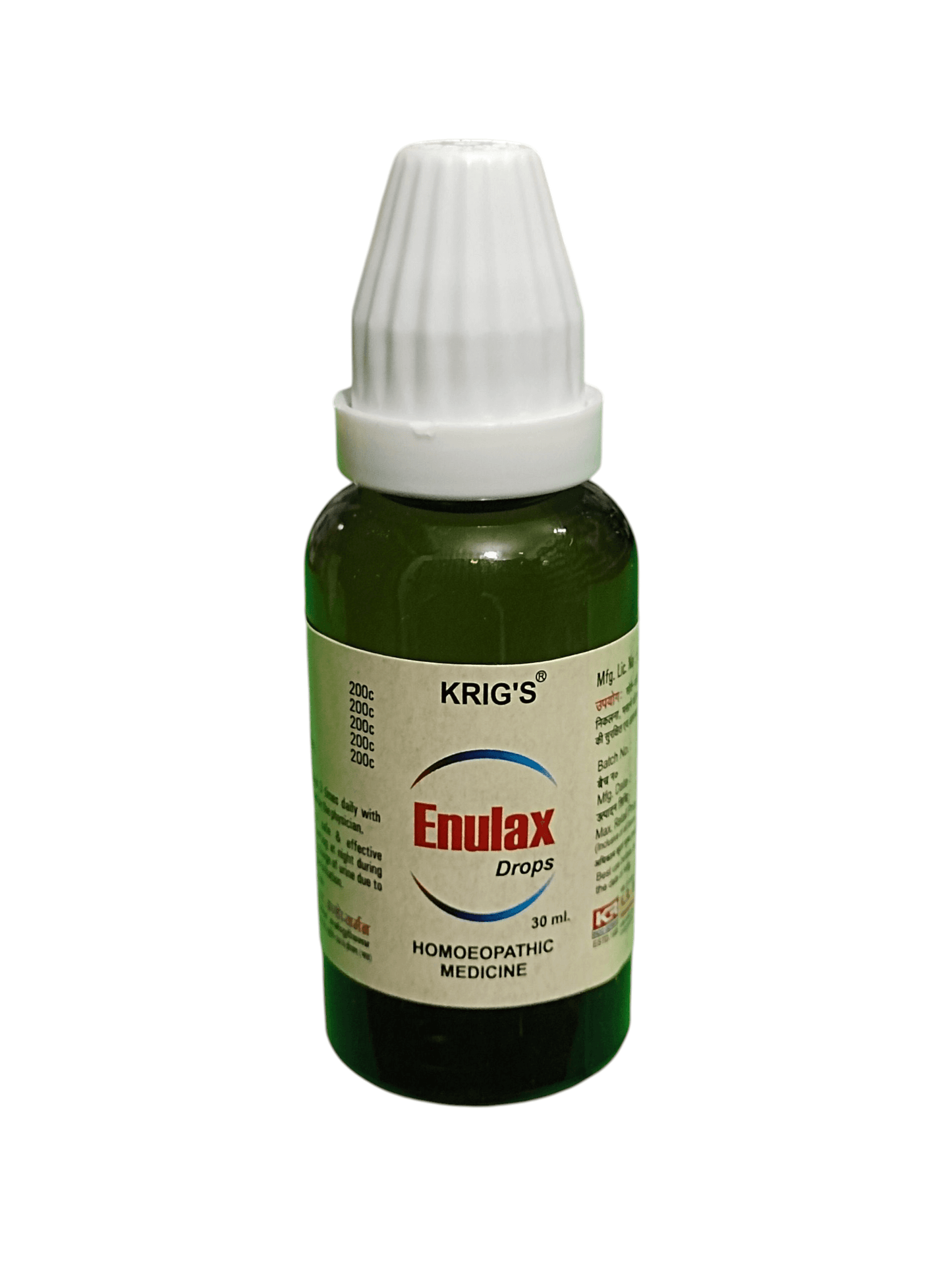 Green bottle of Krig's Enulax Drops on a white background