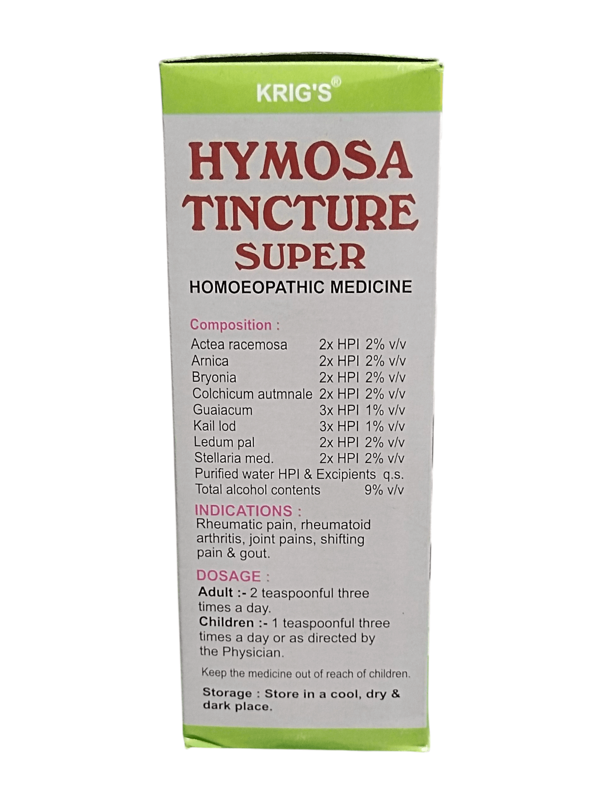 Krig's Hymosa Tincture Super homeopathic medicine packaging on a white background