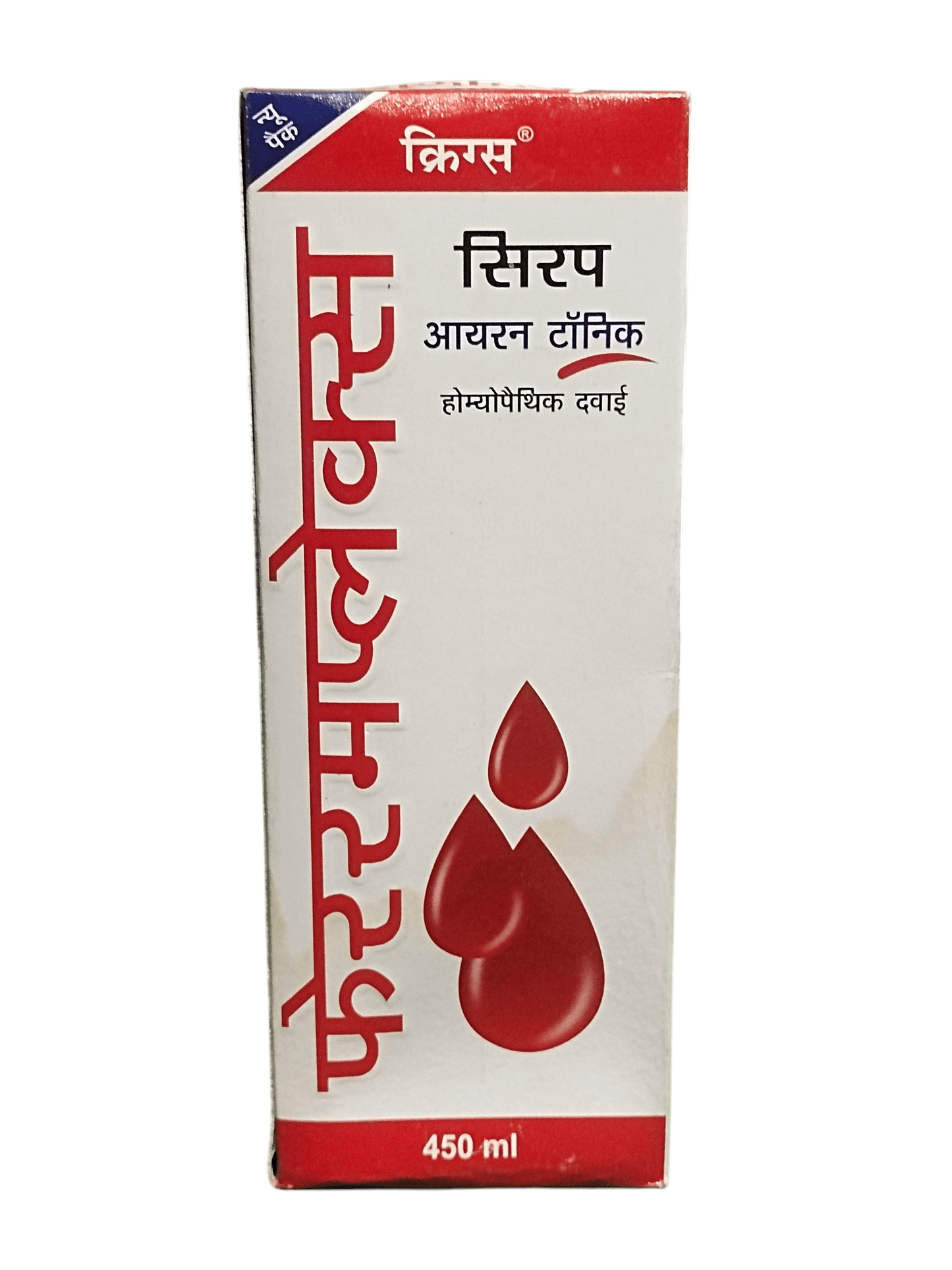 Box of a herbal syrup with red text and a blood drop symbol on a white background