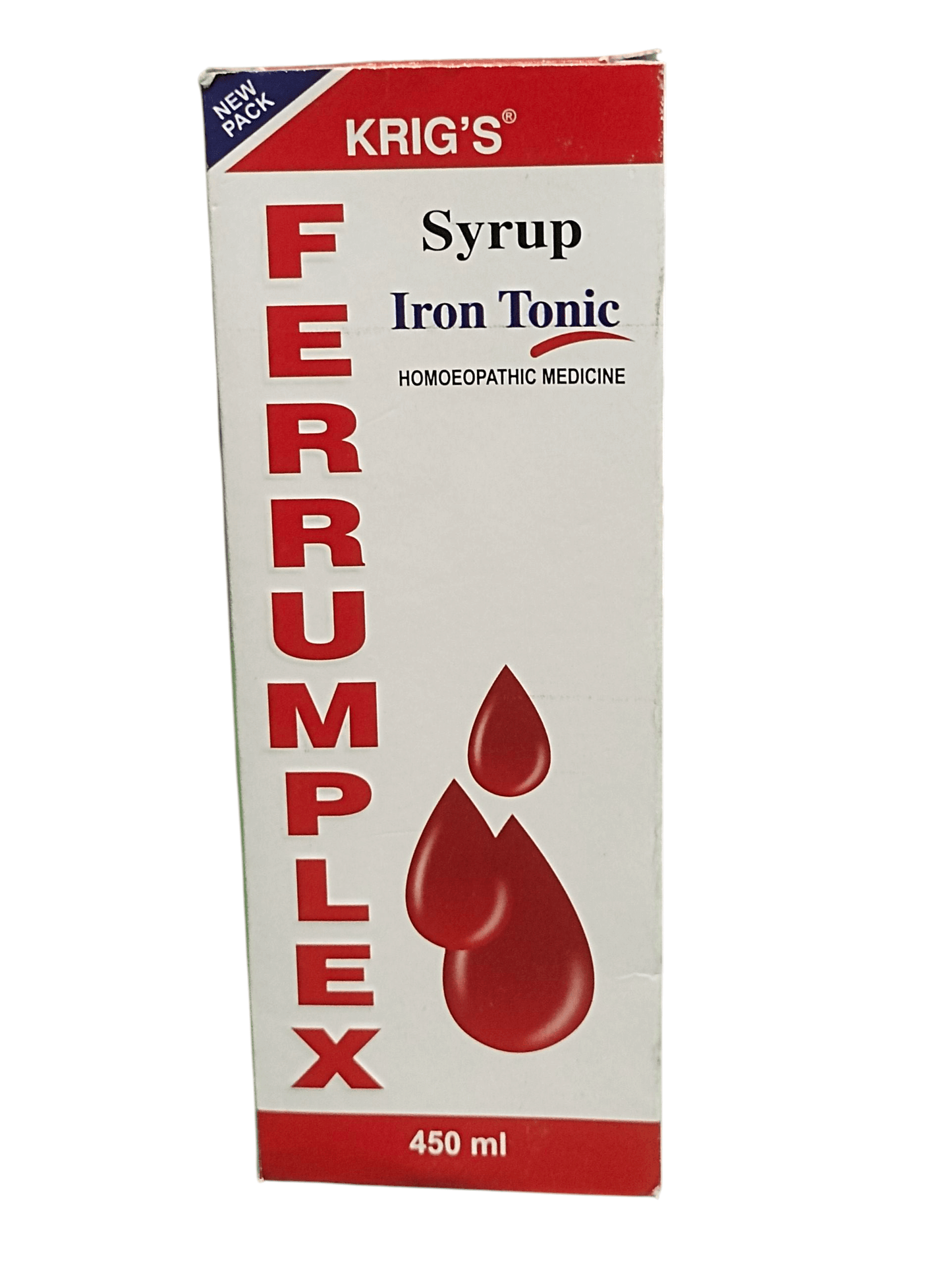 Krig's Ferrumplex Syrup Iron Tonic packaging on a white background