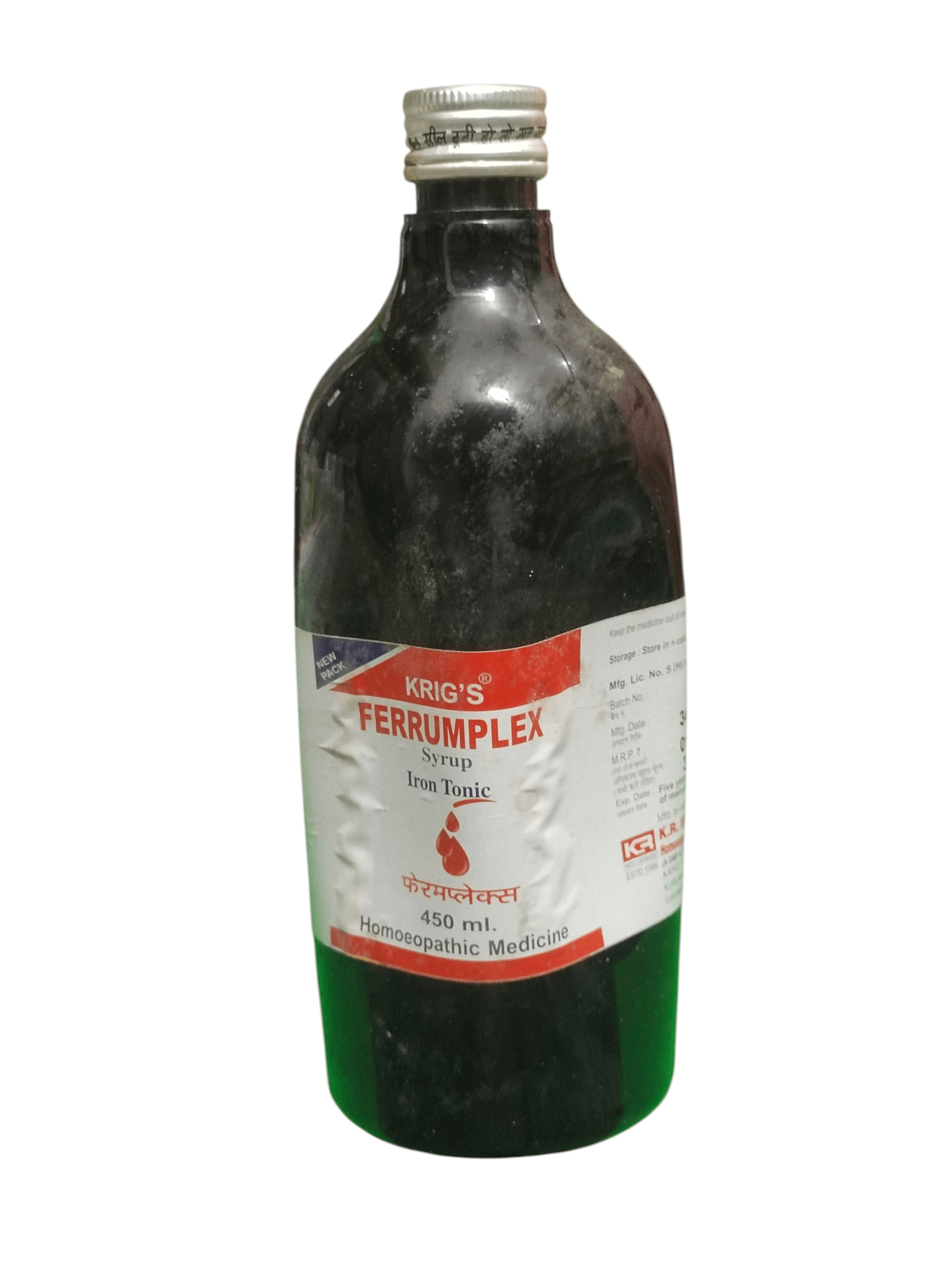 Bottle of Krig's Ferrumplex syrup on a white background