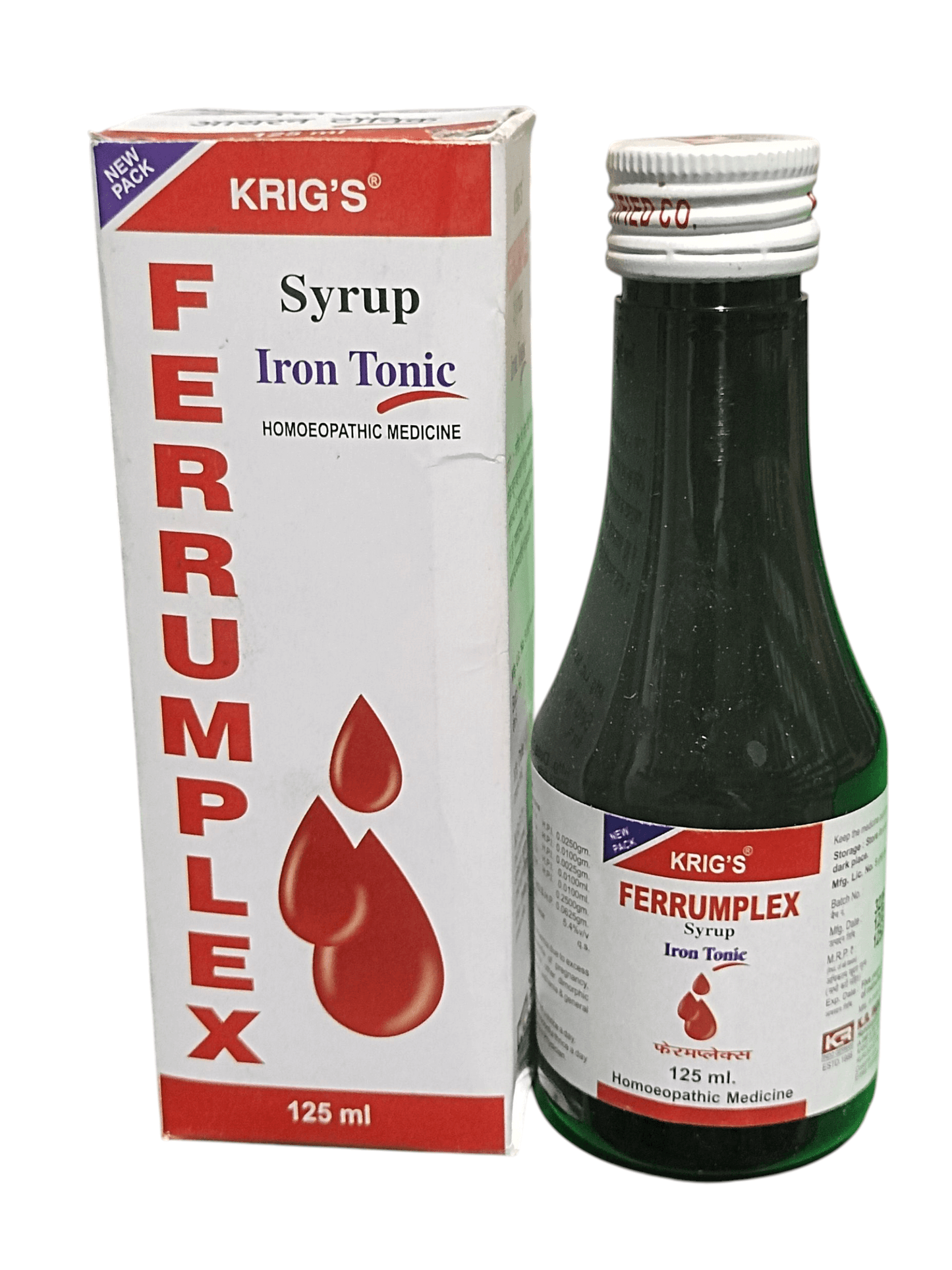 Krig's Ferrumplex Iron Tonic syrup bottle and packaging on a white background