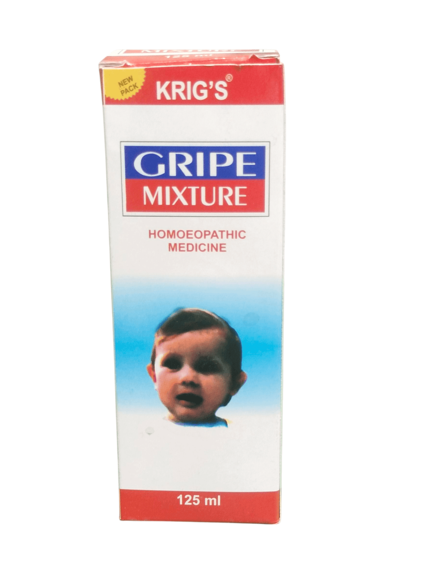 Krig's Gripe Mixture packaging with a child's face on a white background