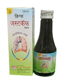 Kris's Justcough syrup bottle and packaging on a white background