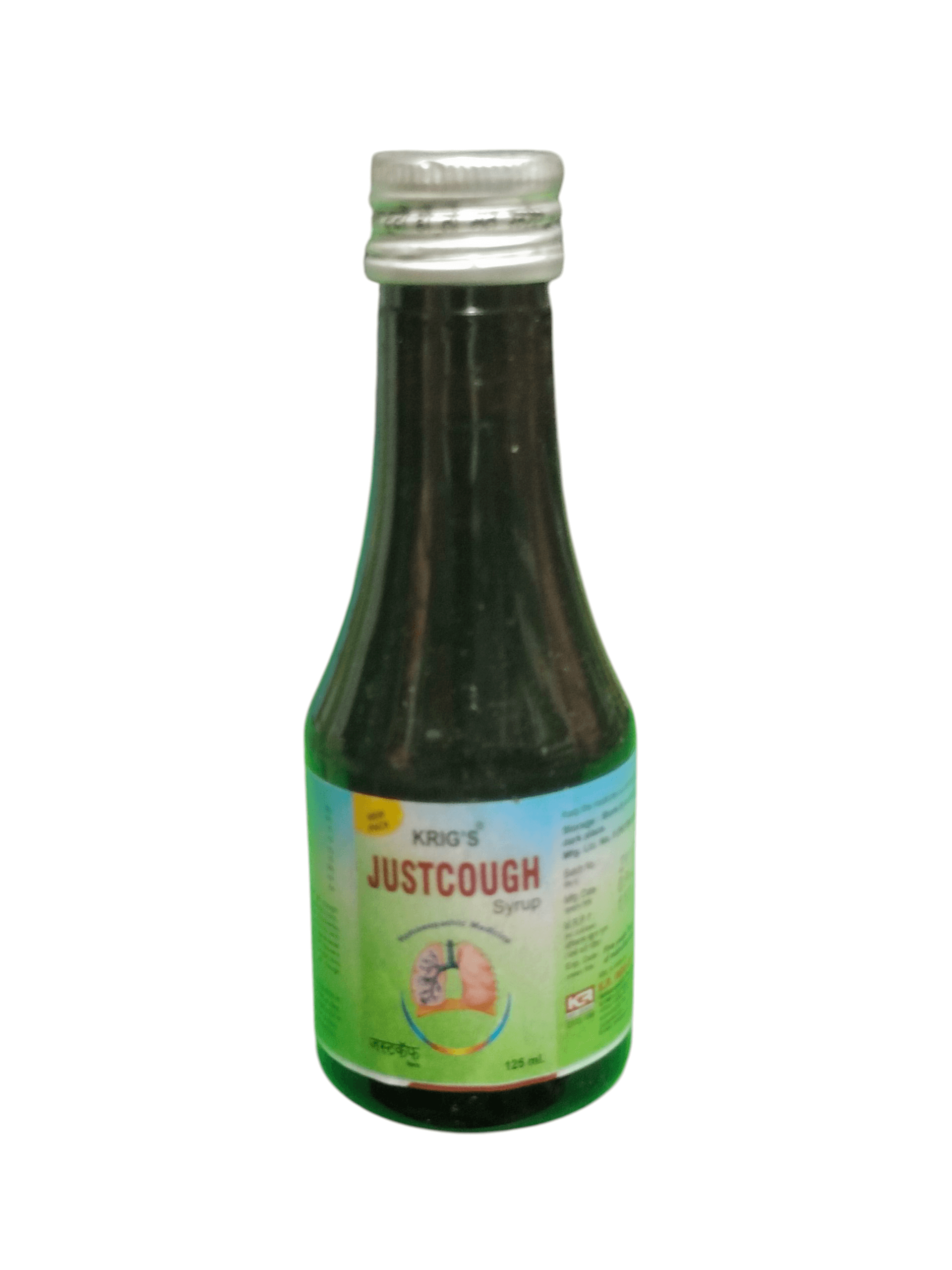 Green bottle of Kiro Justcough syrup on a white background