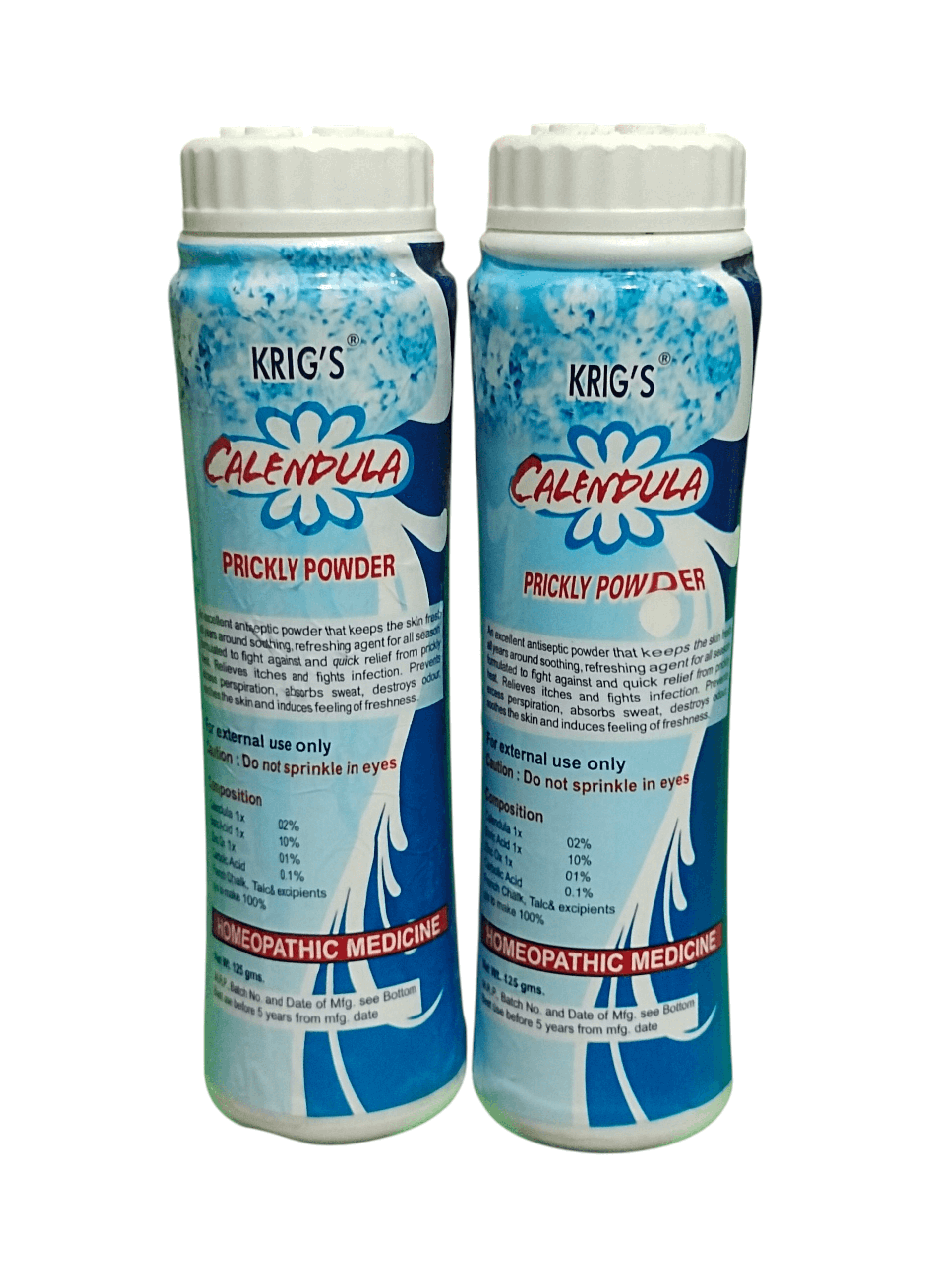 Two containers of Krig's Calendula Prickly Powder on a white background