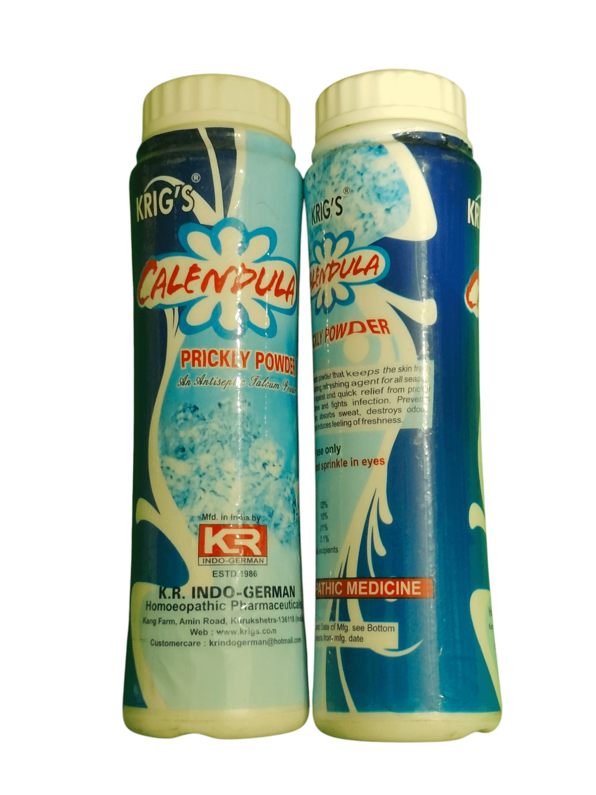 Two bottles of K.R. Indo-German Calendula Prickly Powder on a white background