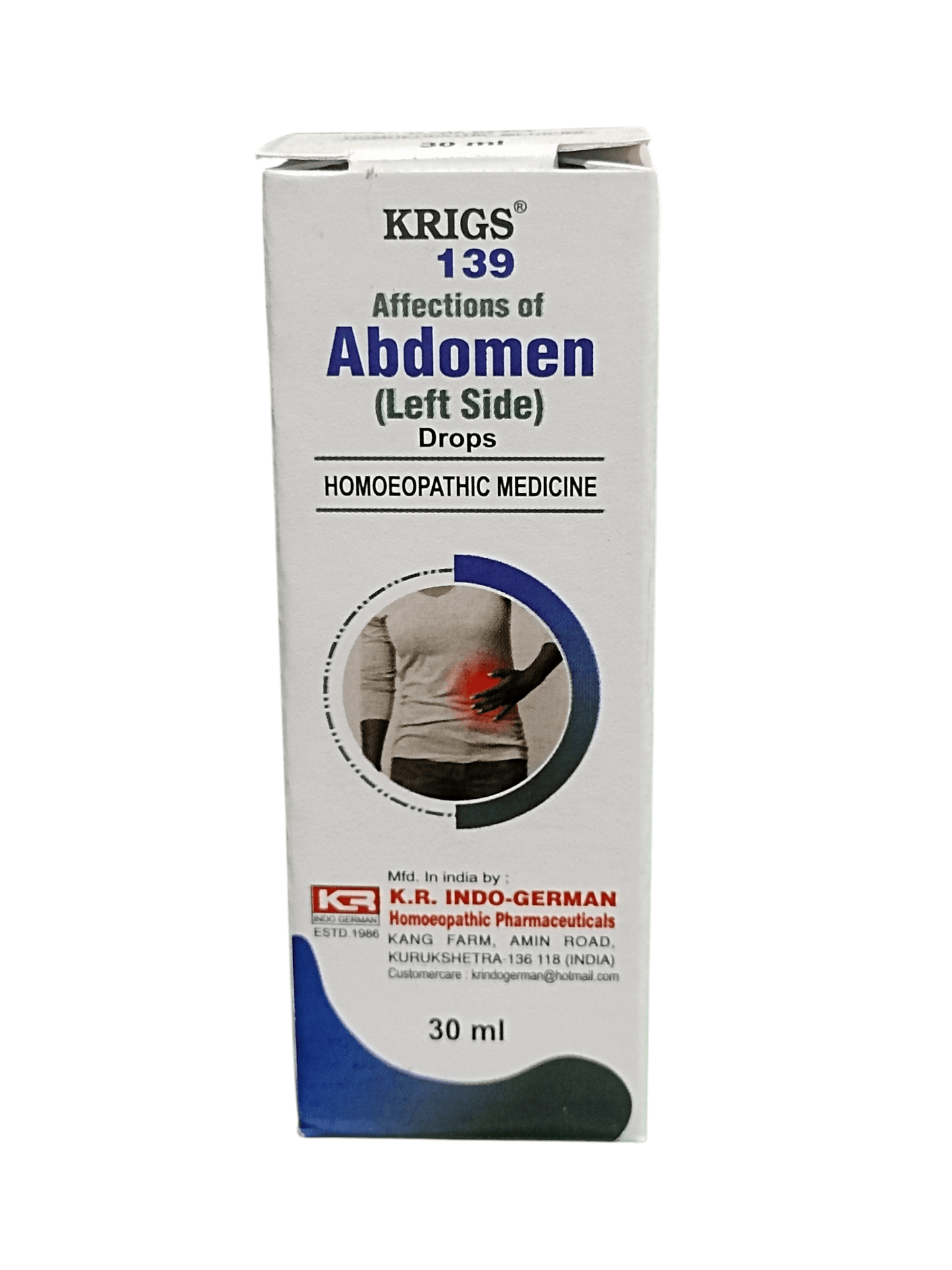 Krigs 139 Affections of Abdomen (Left Side) Drops packaging on a white background