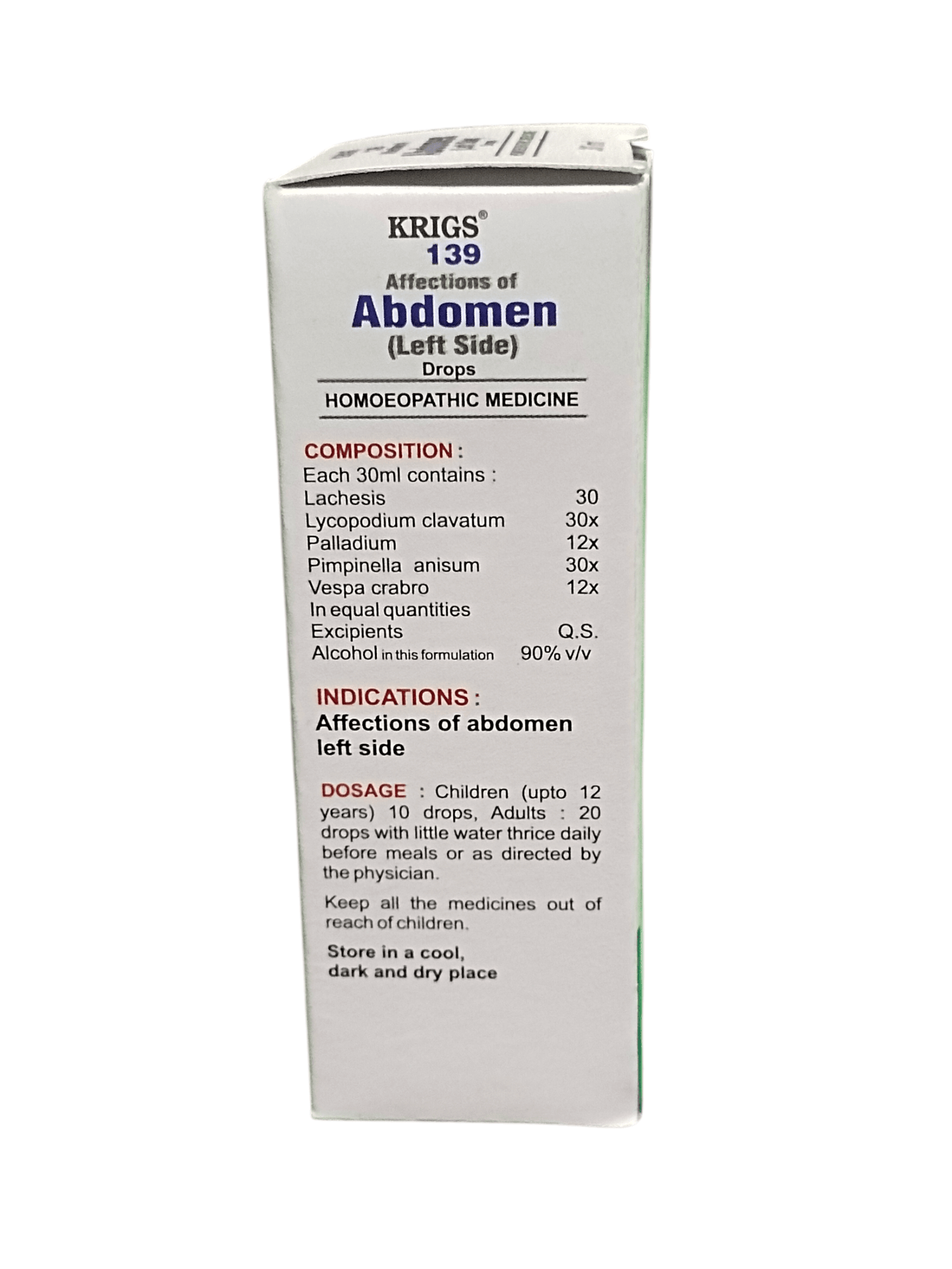 Box of KRIGS 139 Homeopathic Medicine for Abdomen on a white background