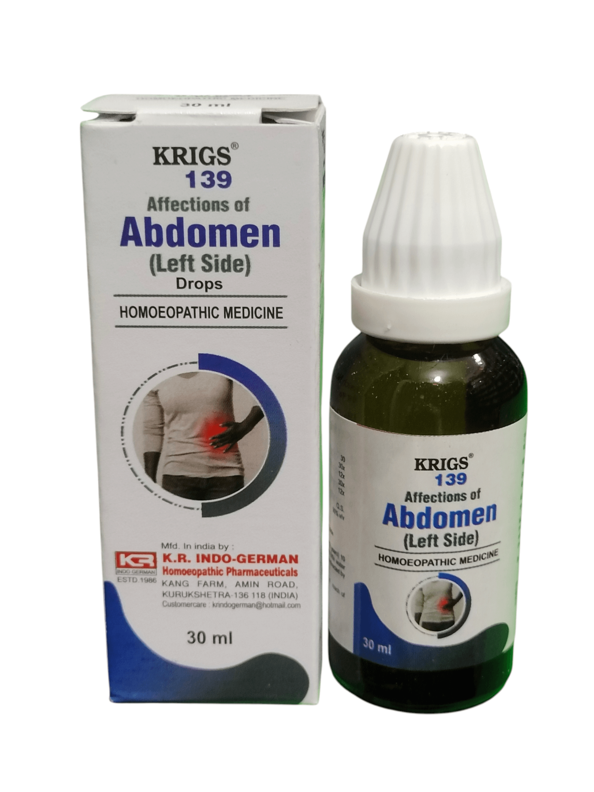 Krigs 139 Affections of Abdomen left side drops packaging with bottle on a white background