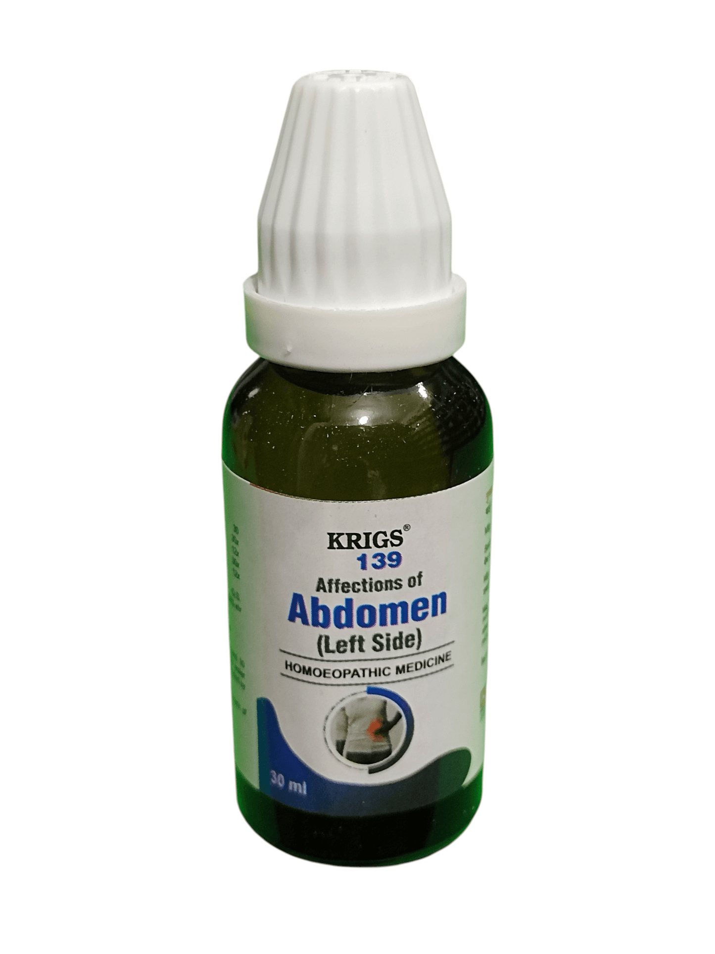 Bottle of Krigs 139 homeopathic medicine for abdominal issues on a white background