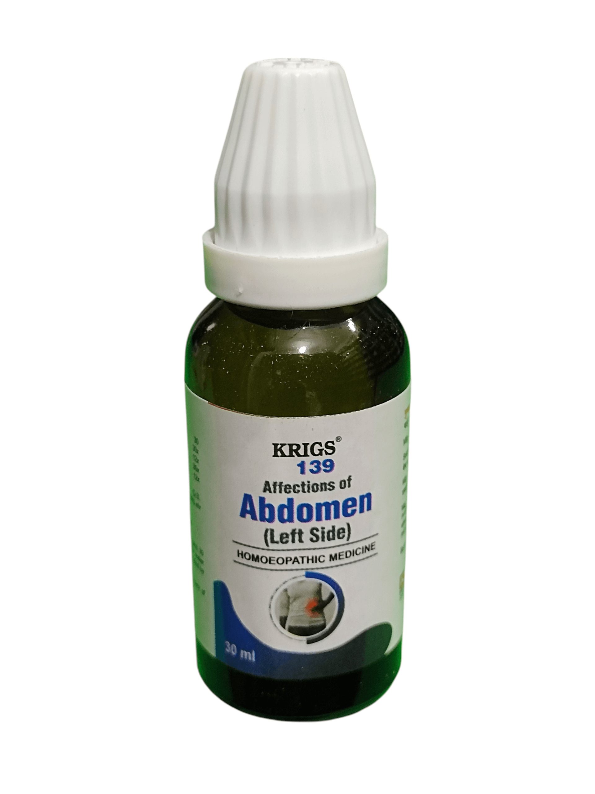Bottle of Krigs 139 homeopathic medicine for abdominal issues on a white background