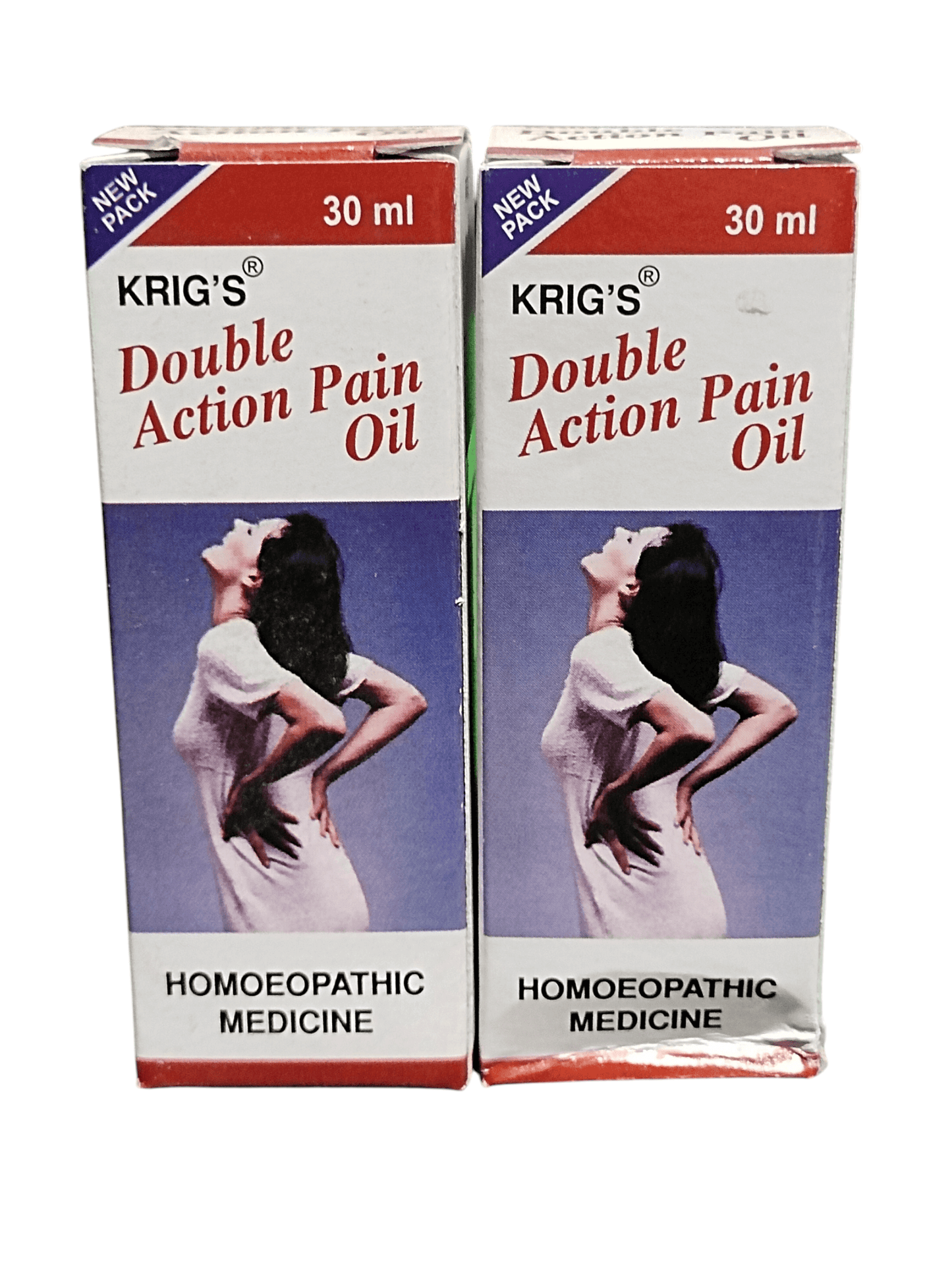 Two boxes of Krig's Double Action Pain Oil on a white background