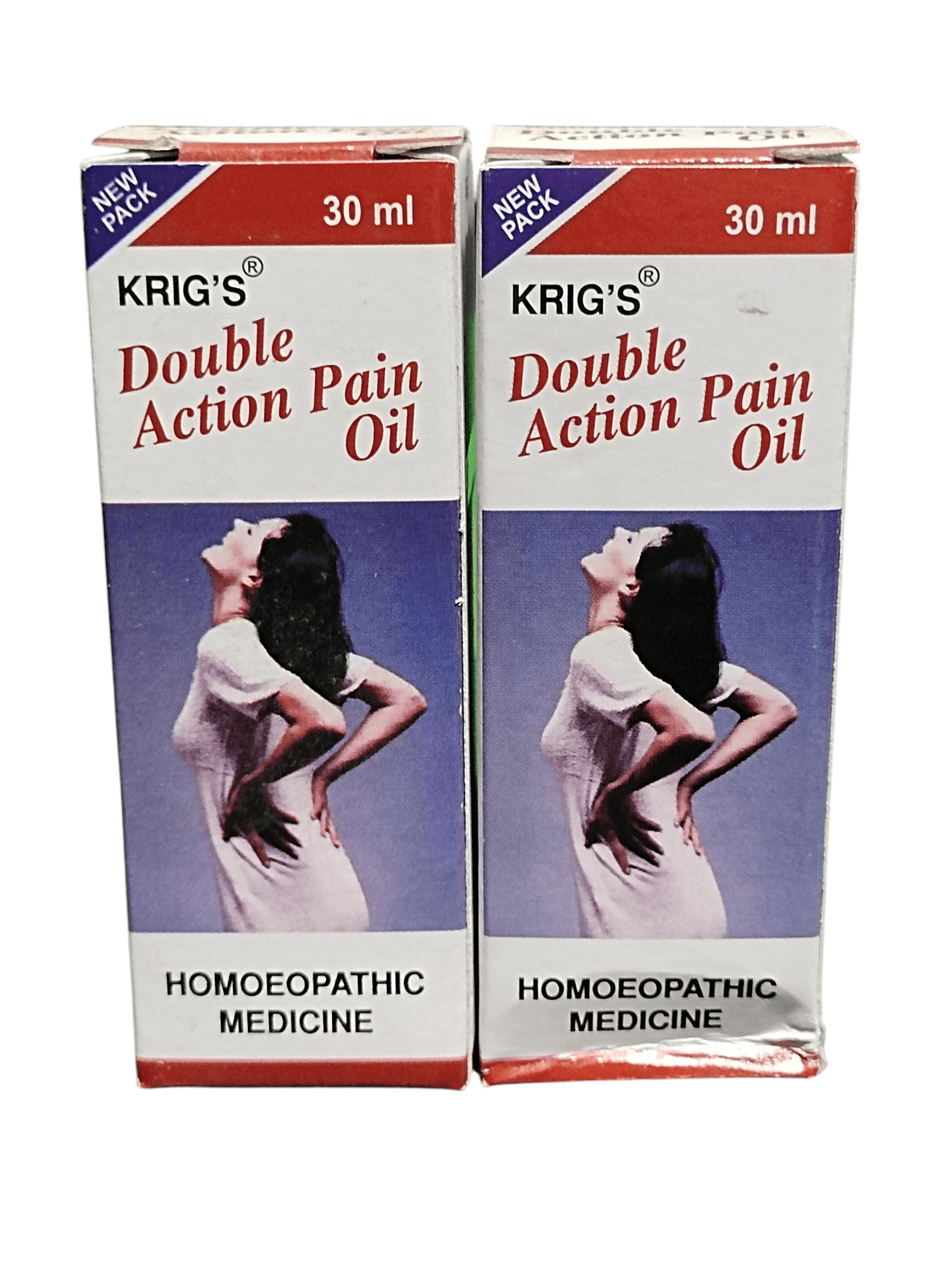 Two boxes of Krig's Double Action Pain Oil on a white background