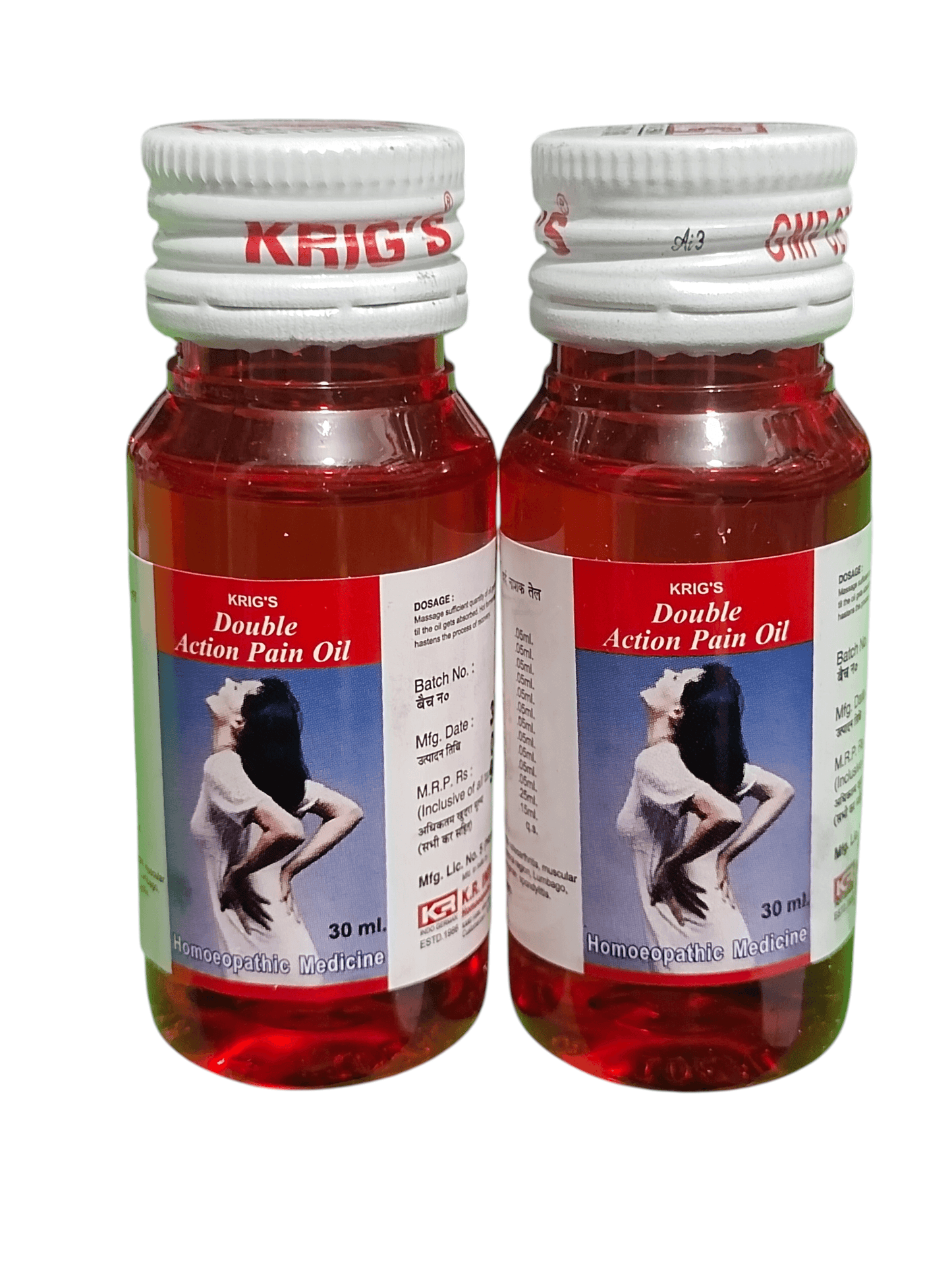 Two bottles of Krig's Double Action Pain Oil on a white background