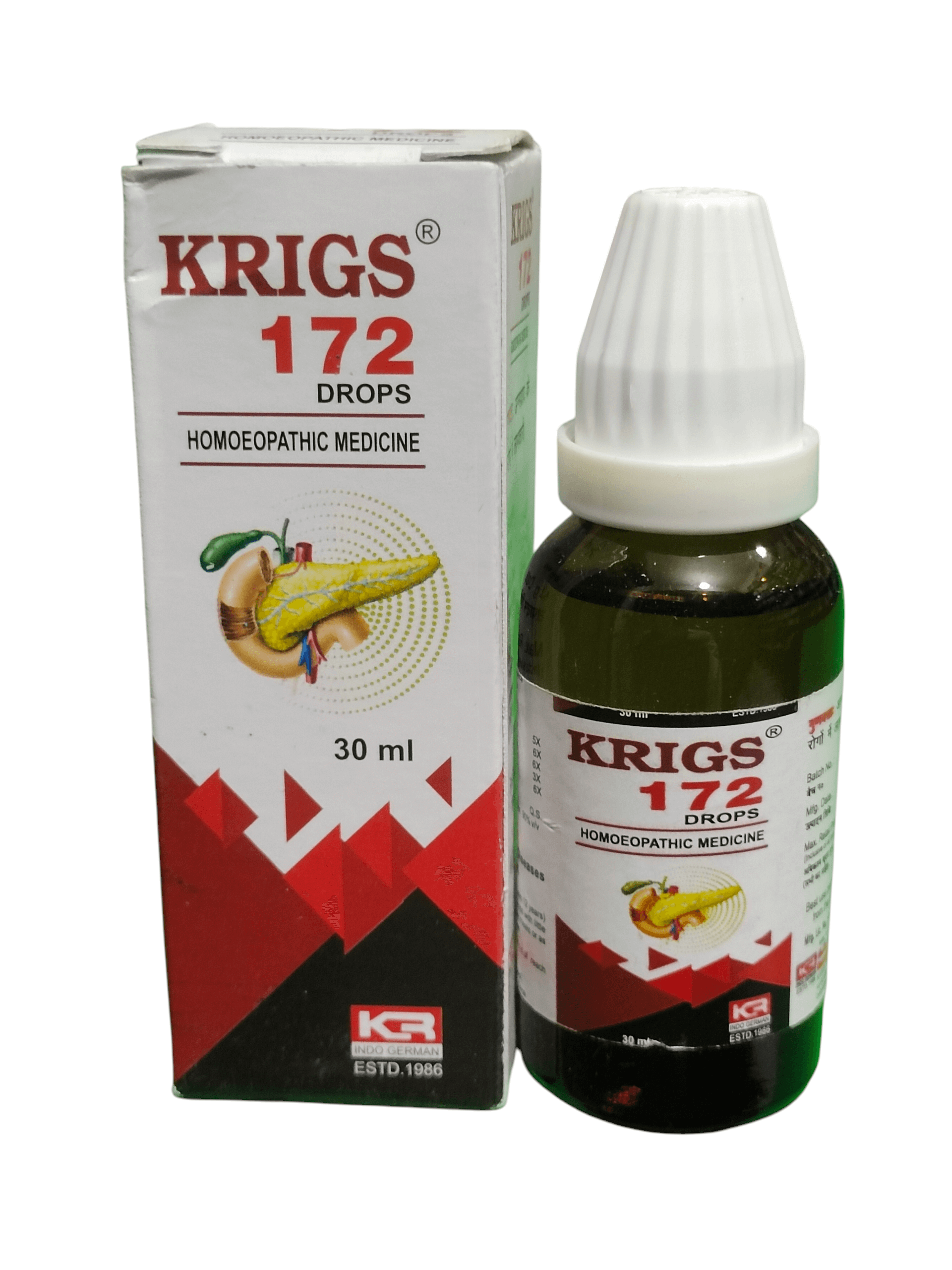 Krigs 172 Drops bottle and packaging on a white background