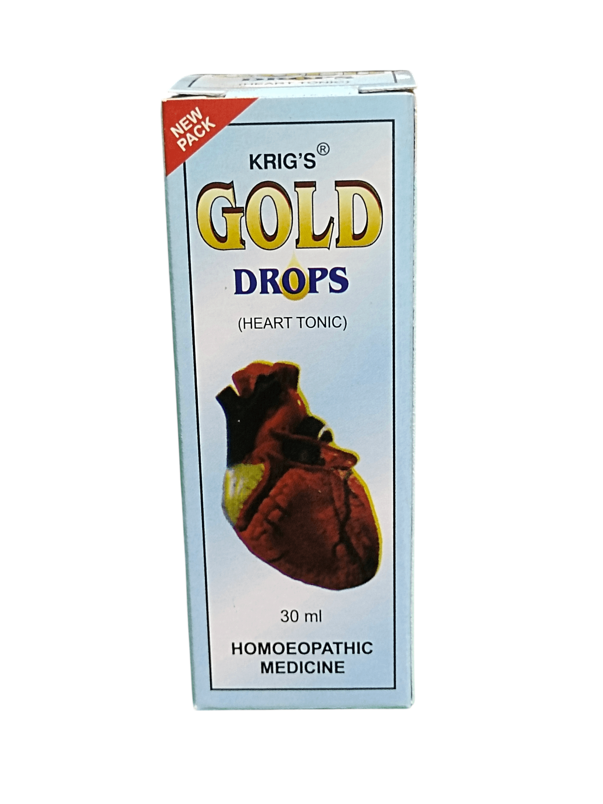 Krig's Gold Drops packaging with heart illustration on a white background