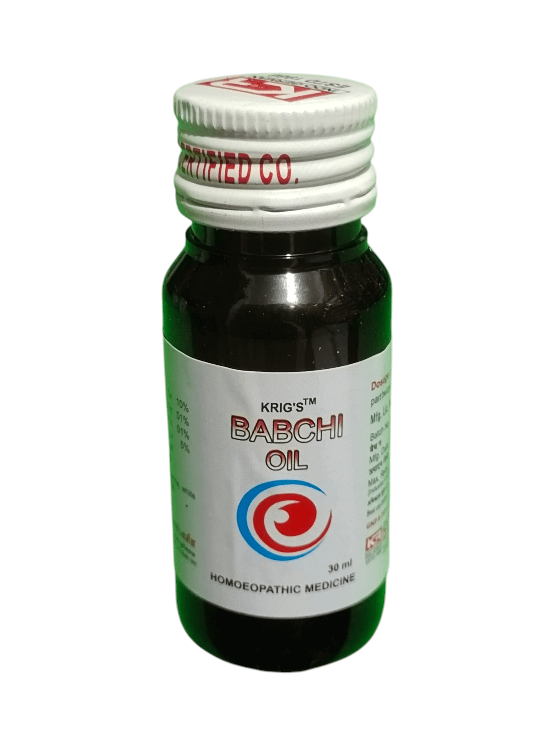 Bottle of Krig's Babchi Oil on a white background