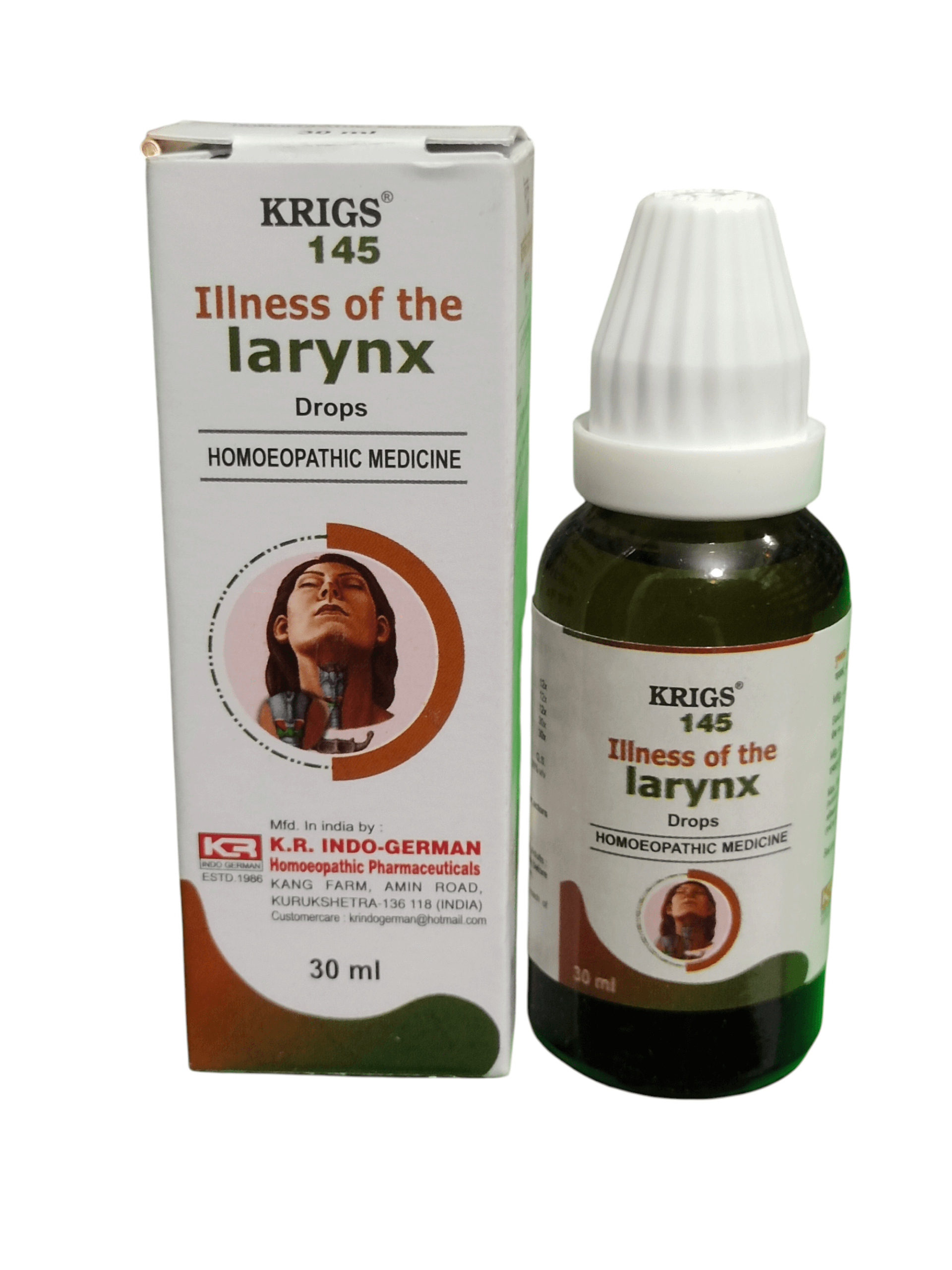 Krigs 145 Illness of the Larynx drops packaging and bottle on a white background
