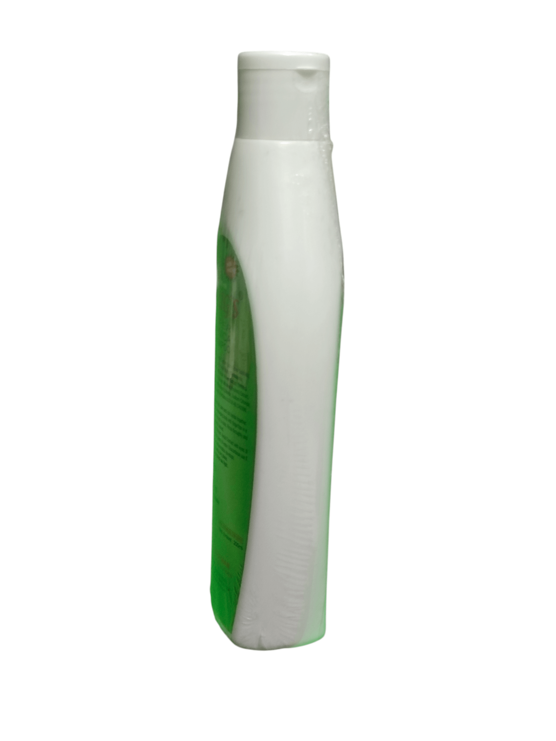 White bottle with green label on a white background