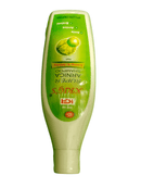 Green shampoo bottle with a label on a white background