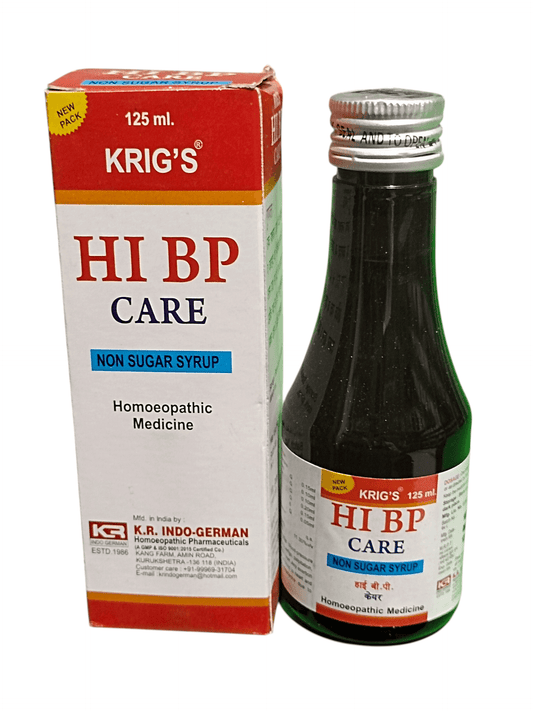 Krig's HI BP Care non-sugar syrup bottle and packaging on a white background