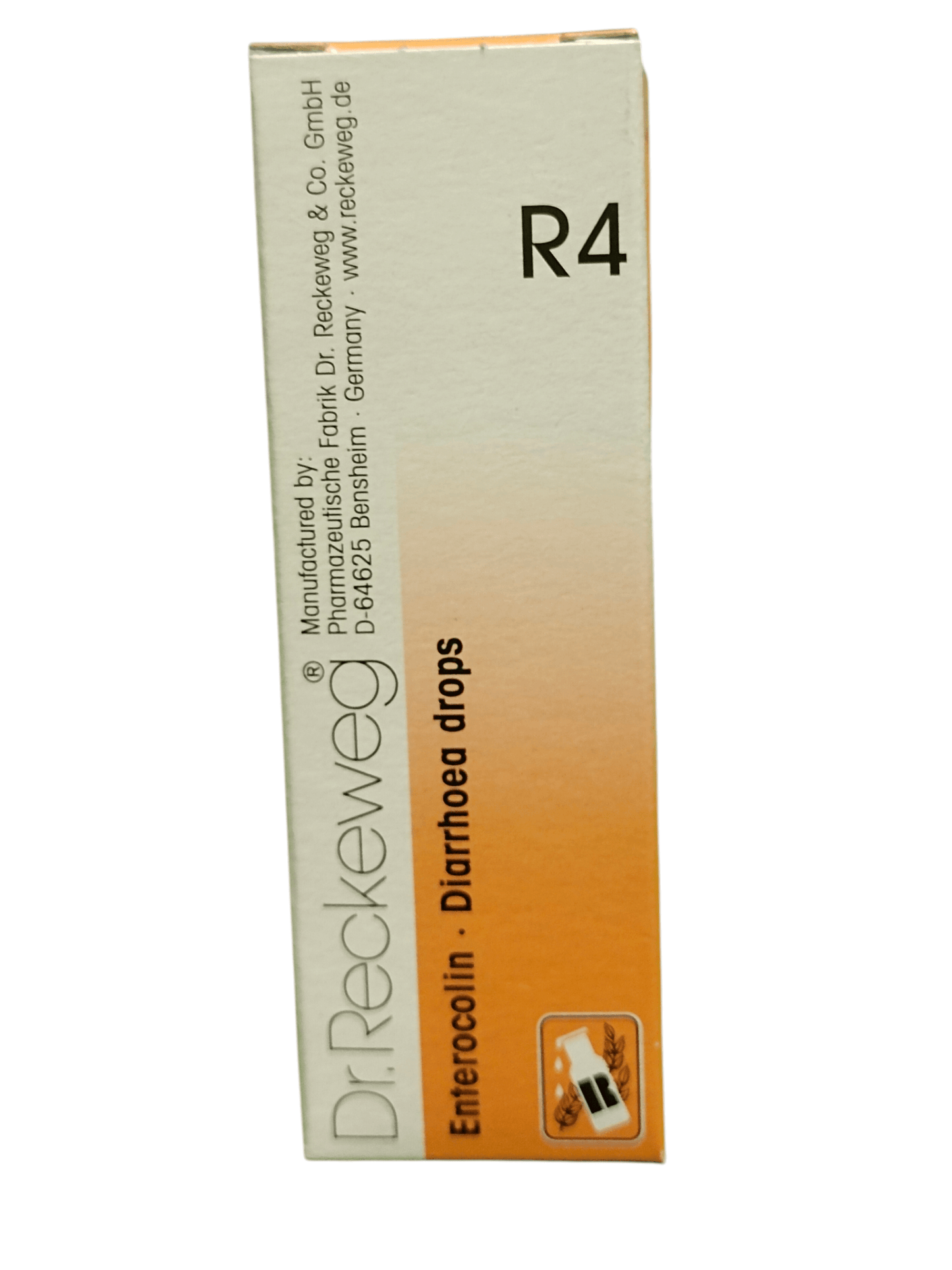 Box of Dr. Reckeweg Diarrhoea drops with gradient design on a white background