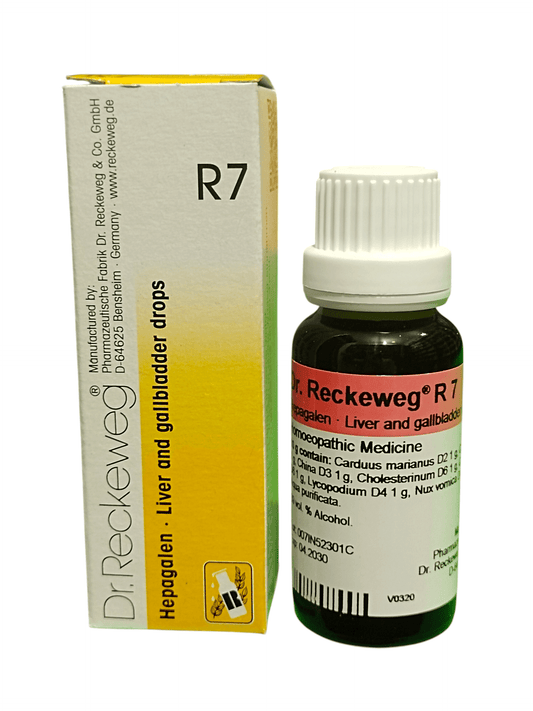 Dr. Reckeweg R7 liver and gallbladder drops with packaging on a white background