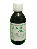 Bottle of Jut-U-Sin R8 Cough Syrup with green liquid and white cap on a white background